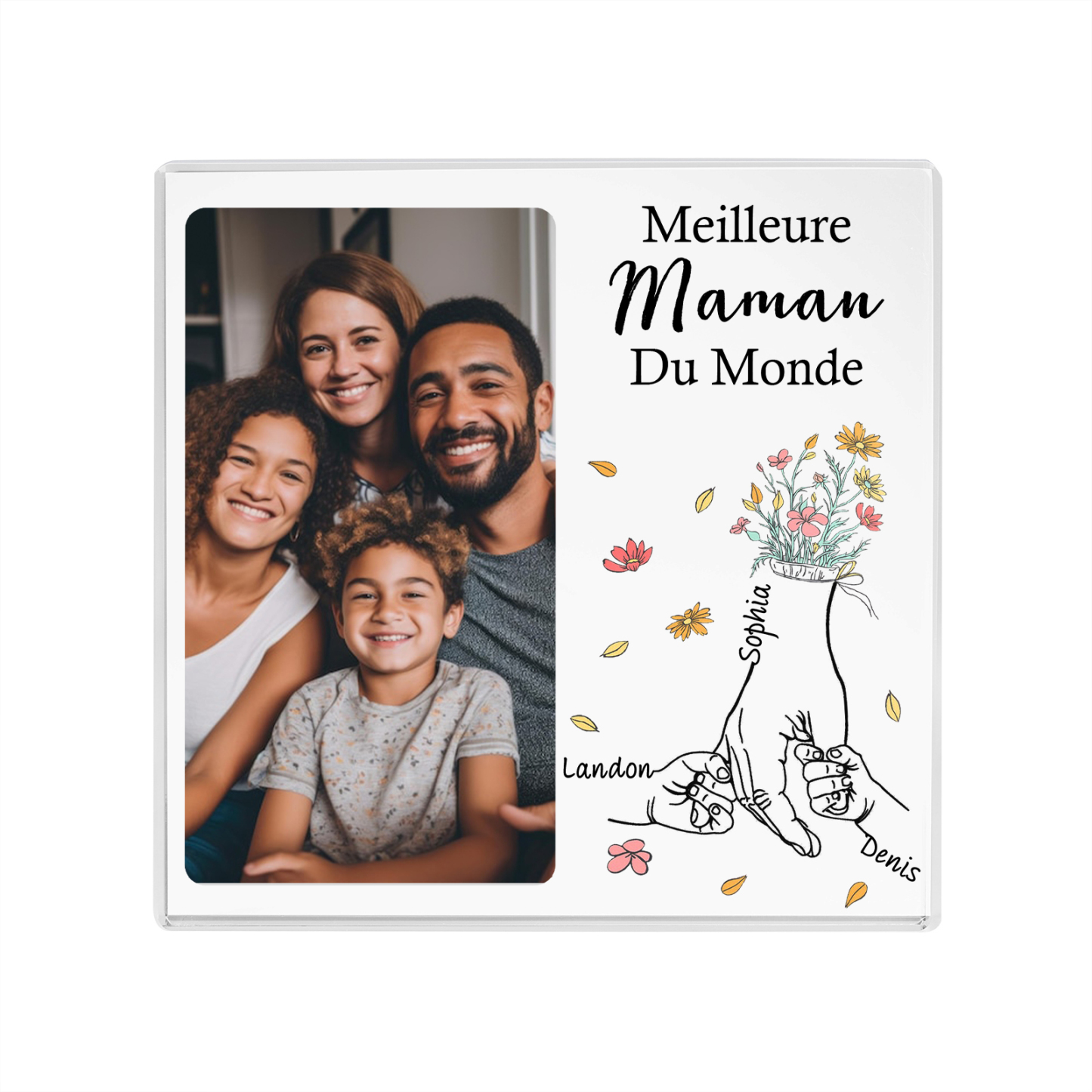 À ma Maman - Plaque Acrylique Carrée la Main dans la Main 3 Prénoms Personnalisés avec Photo