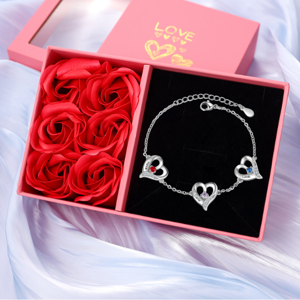 Bracelet Cœur gravé 3 Prénoms Personnalisés avec 3 Pierres de Naissance