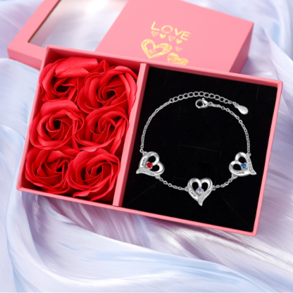 Bracelet Cœur gravé 3 Prénoms Personnalisés avec 3 Pierres de Naissance