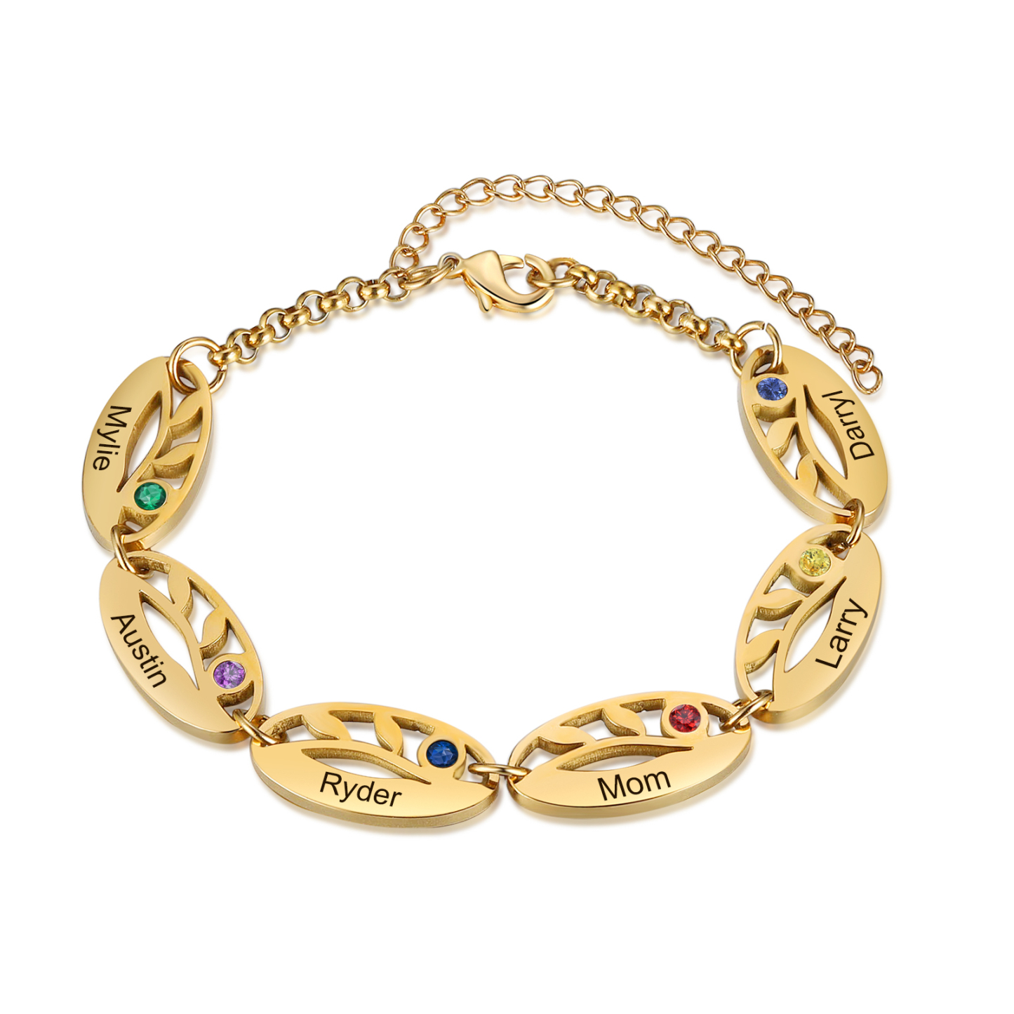 Jessemade FR Bracelet Feuilles 6 Prénom Personnalisés avec 6 Pierre de Naissance