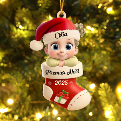 Décoration Sapin Noël en forme de Chaussette pour Premier Noël de Bébé (Design imprimé – non 3D)