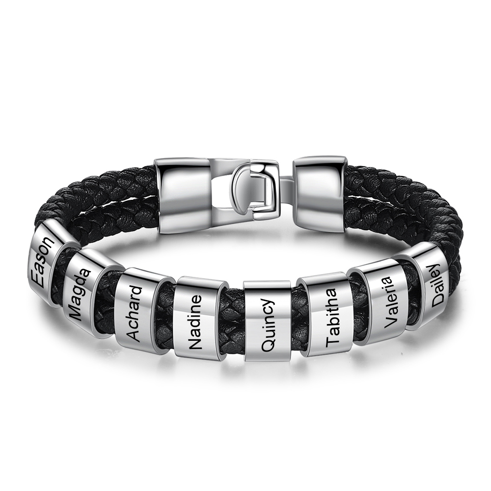 Bracelet Cuir tressé 1-8 Perles Prénom Bracelet Personnalisé Homme｜Jessemade