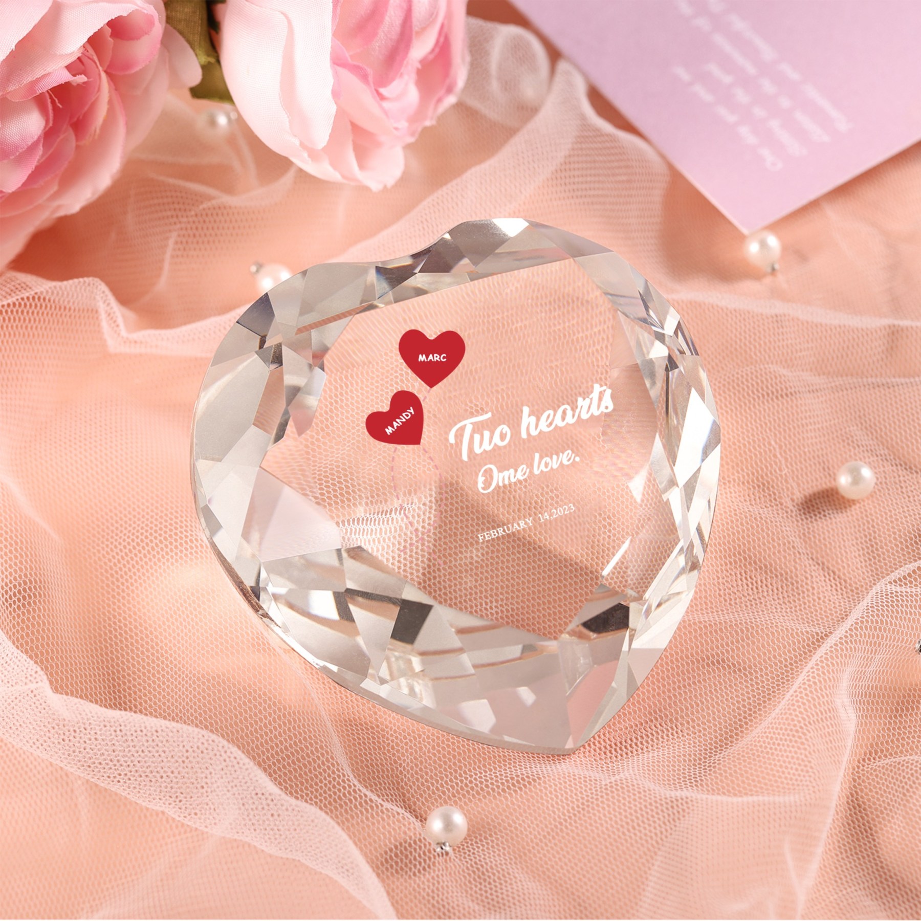 Décoration Cristal Cœur 2 Prénoms Personnalisés avec Texte et Date pour Couple