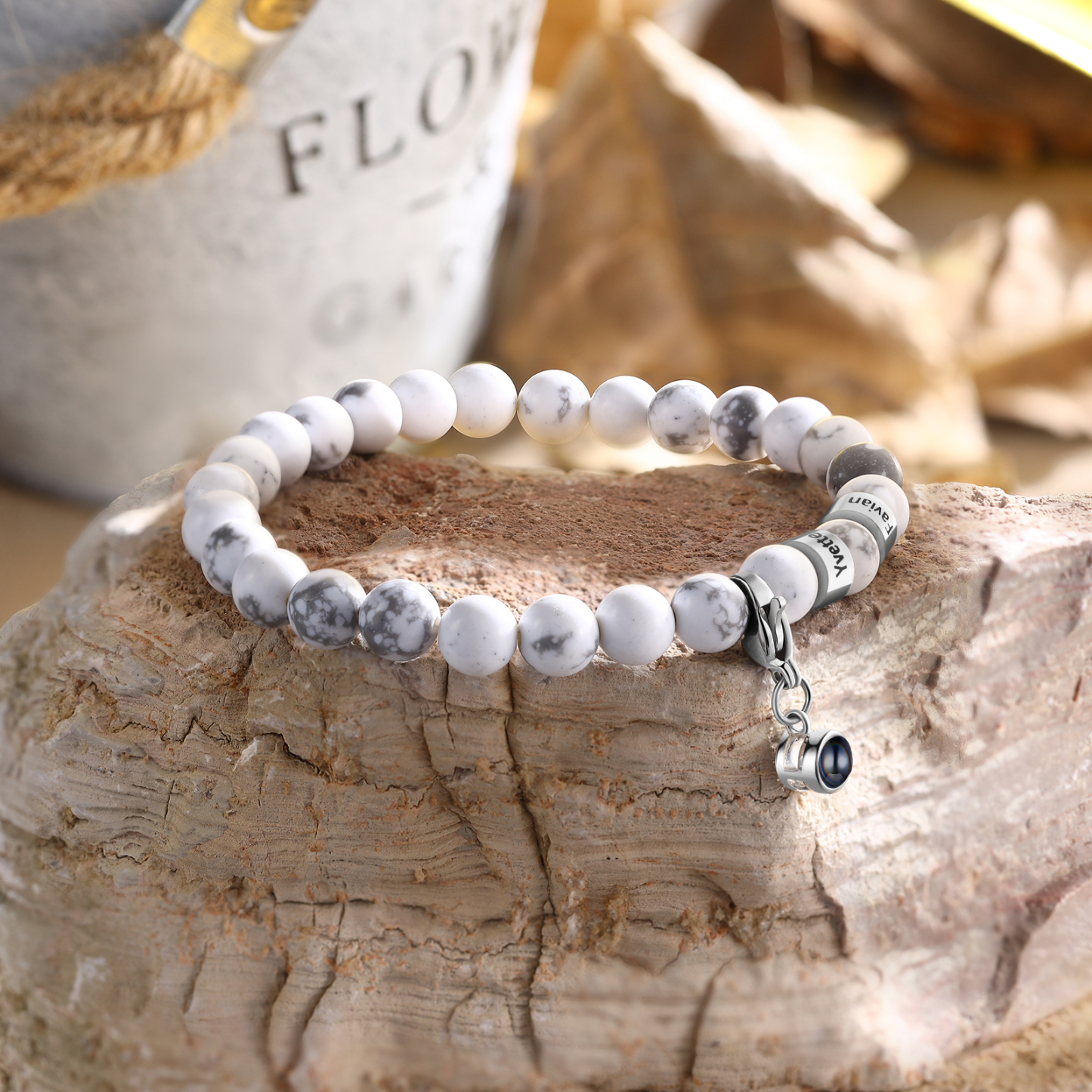 Bracelet en Magnésite 2 Prénoms Personnalisés avec Photo Bracelet Photo Projection Blanc｜ Jessemade