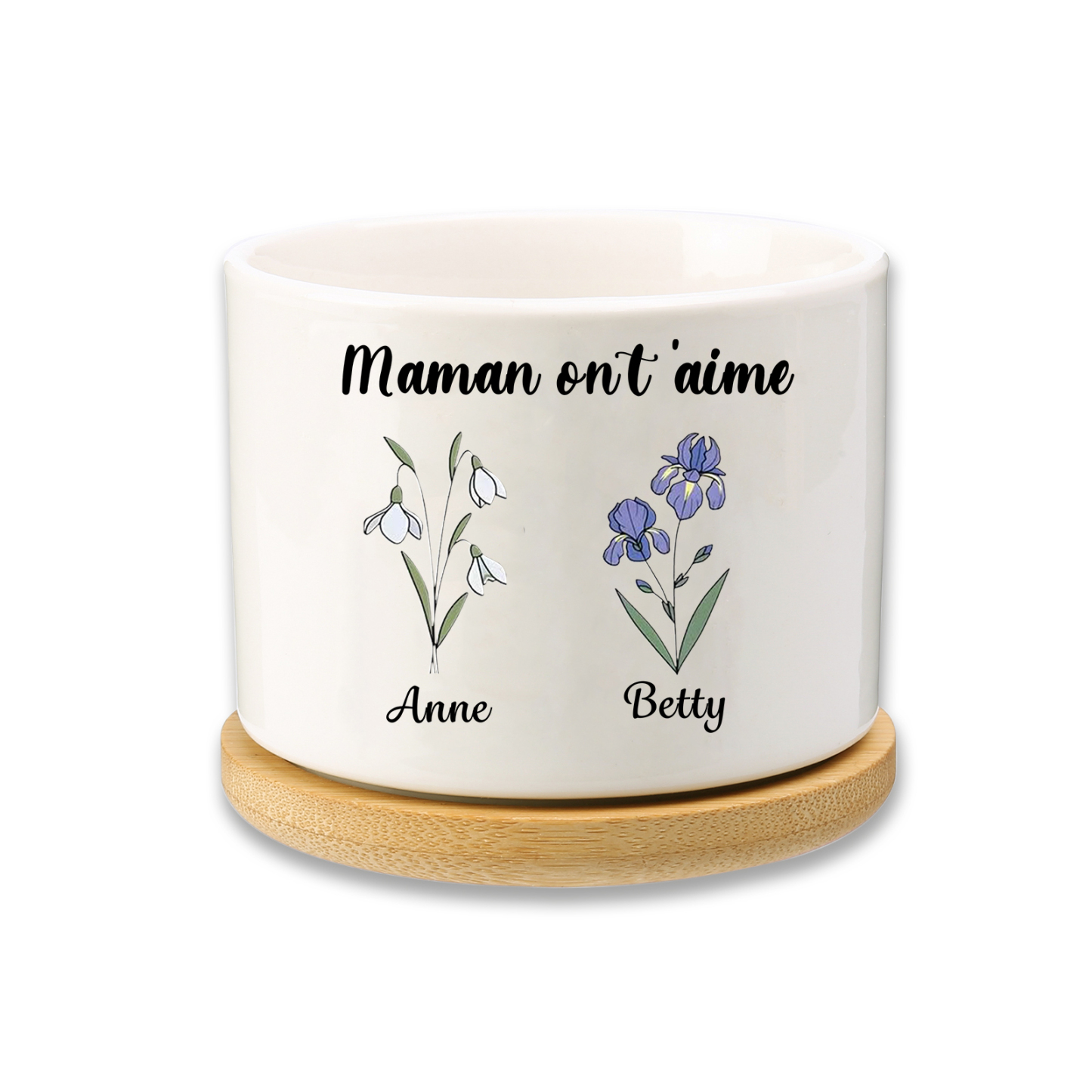 Vase/Pot de Fleurs 2 Prénoms et 1 Texte Personnalisés avec Fleur de Naissance Décoration de la Maison (sans plantes)