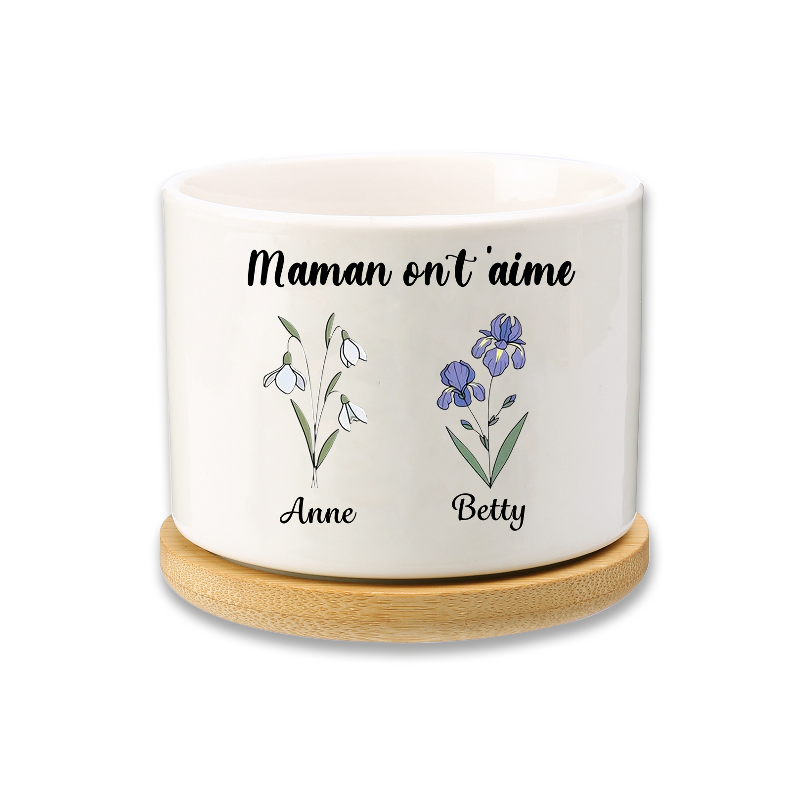 Vase/Pot de Fleurs 2 Prénoms et 1 Texte Personnalisés avec Fleur de Naissance Décoration de la Maison (sans plantes)