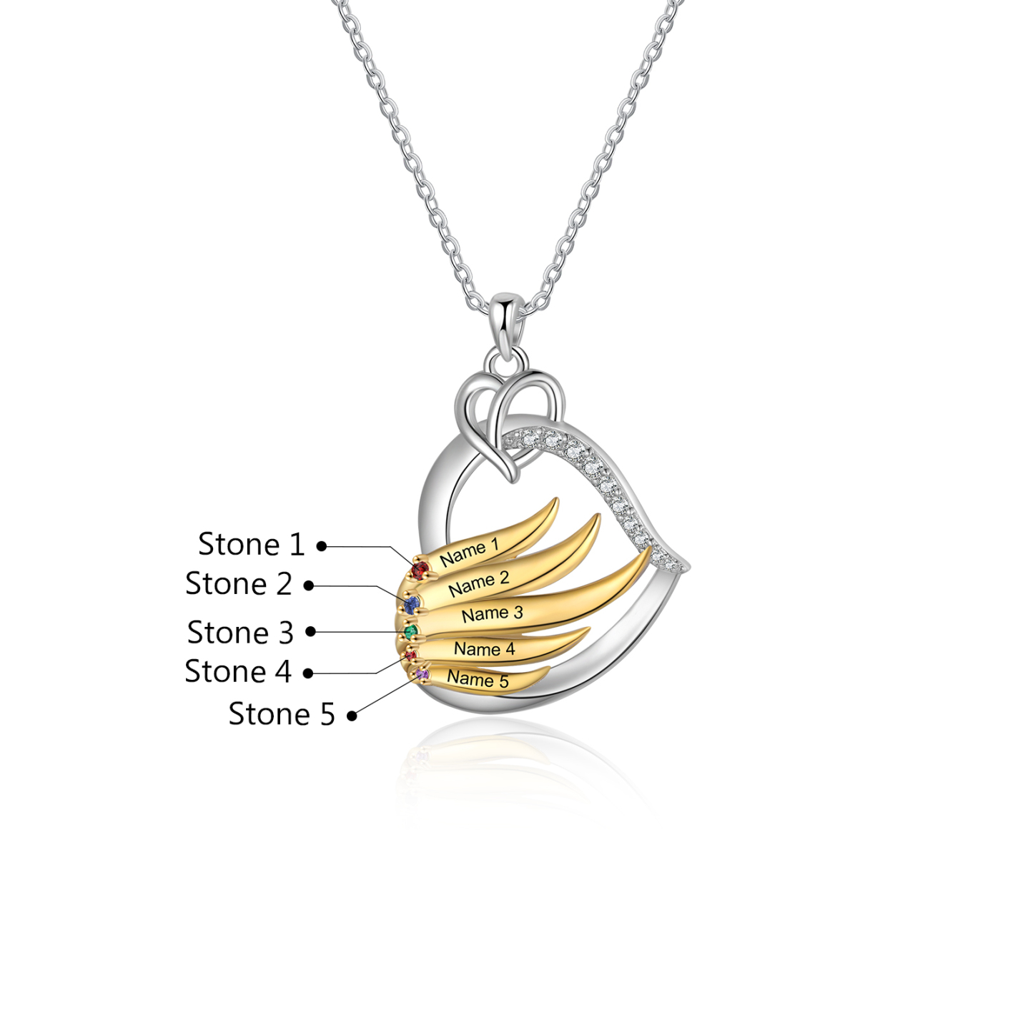 Collier Pendentif Cœur et Ailes Collier Personnalisé avec 5 Prénoms et Pierres de naissance pour Femme|Jessemade
