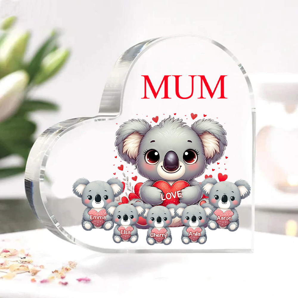 À ma Maman/Mamie - Plaque Acrylique en Forme de Cœur Koala 5 Prénoms Personnalisés avec 1 Texte
