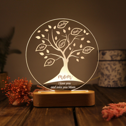 Lampe de chevet LED Arbre de vie Arbre généalogique 6 prénoms personnalisés avec 2 textes