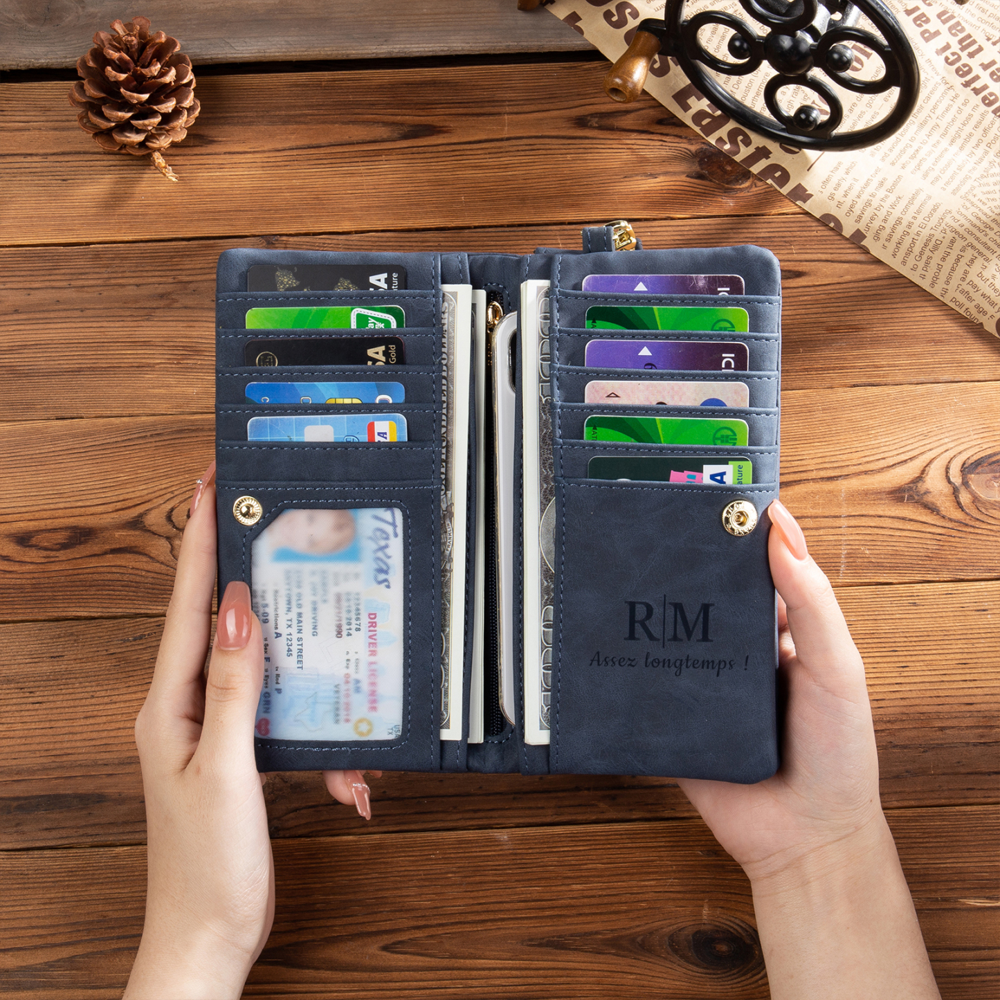 Portefeuille long en cuir PU 1 Prénom personnalisé avec photos et texte et 2 lettre 