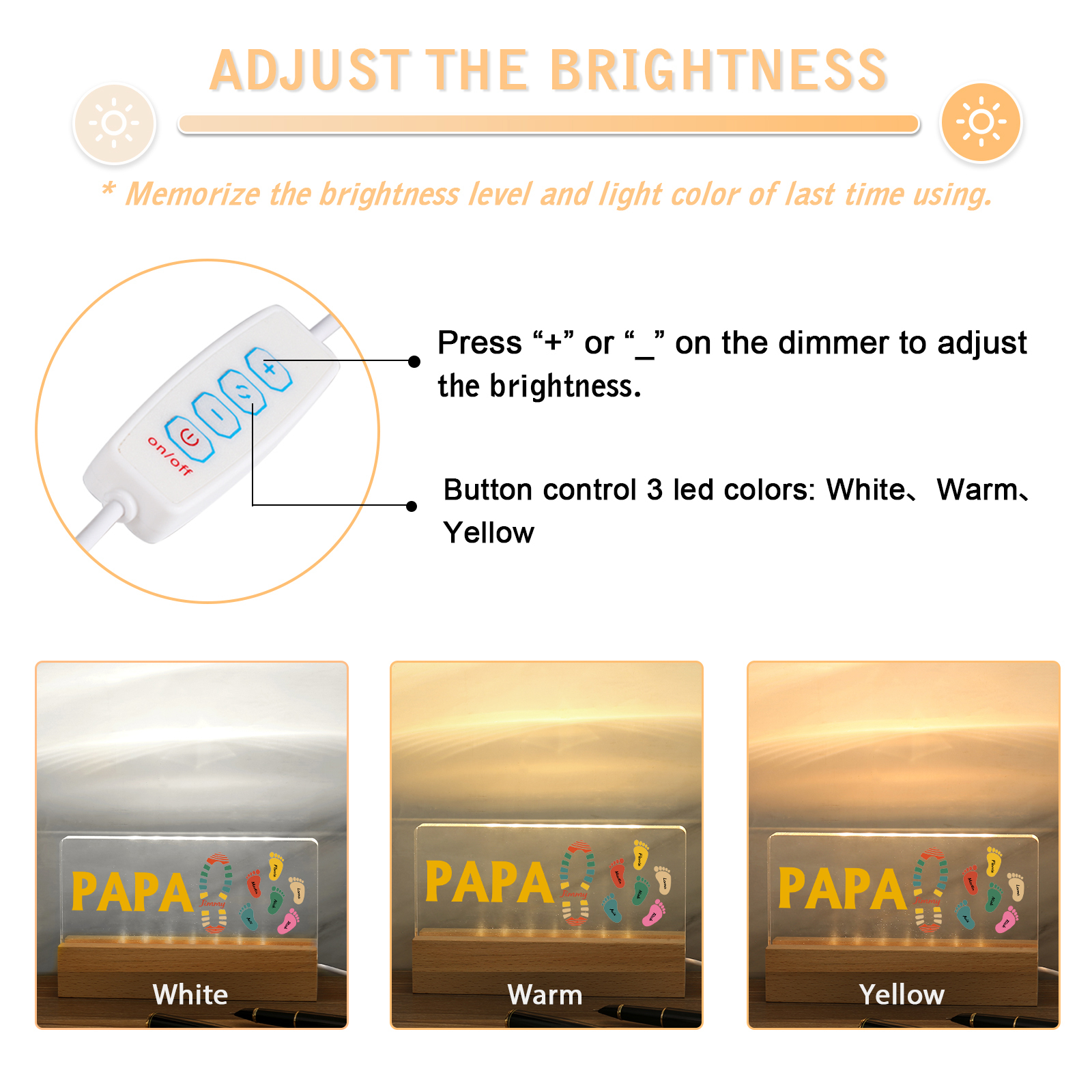 À mon Papa/Papi- Lampe de chevet LED Pieds Bébé 7 Prénoms Personnalisés avec Texte