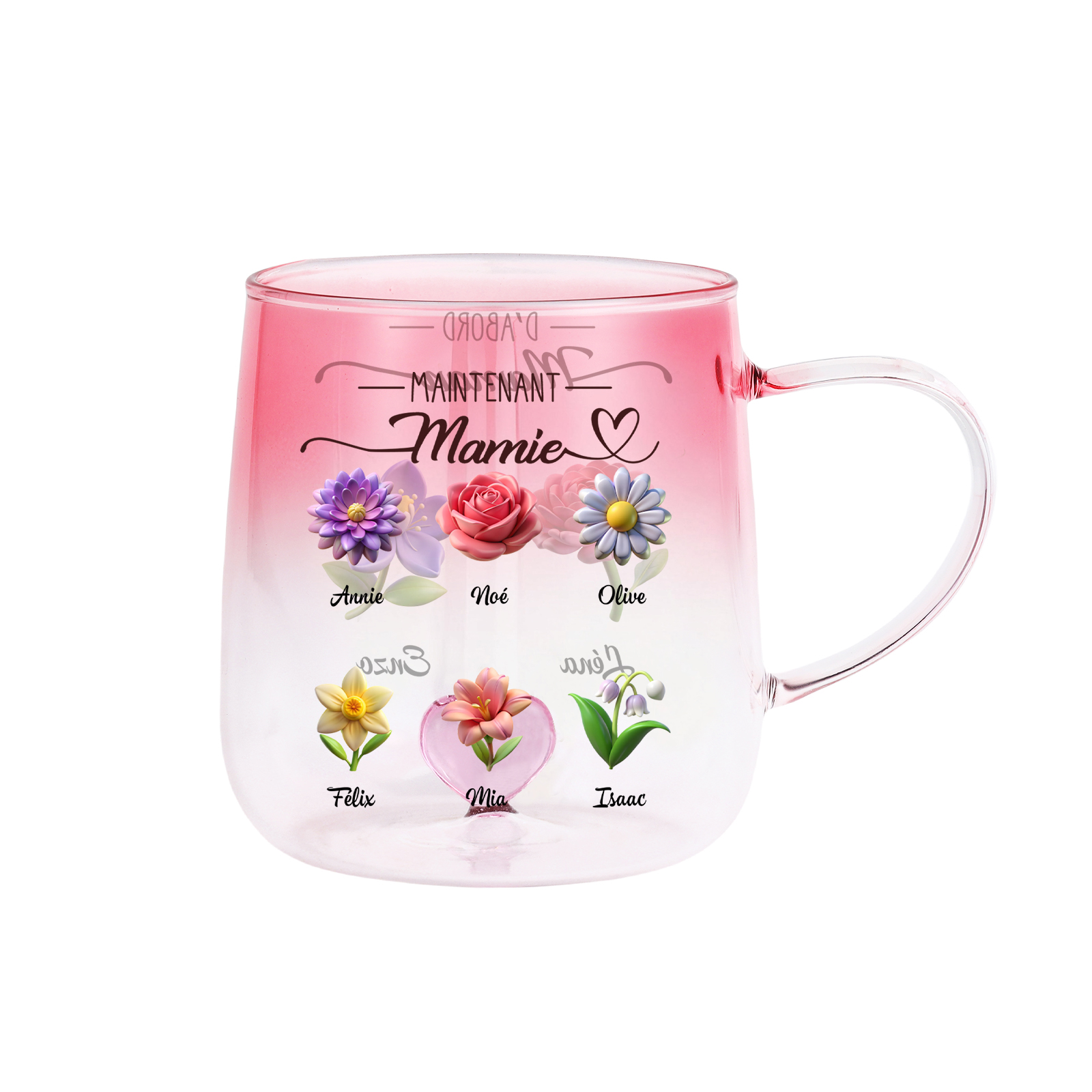 Mug en Verre Rose Dégradé, Fleurs et Noms Personnalisés
