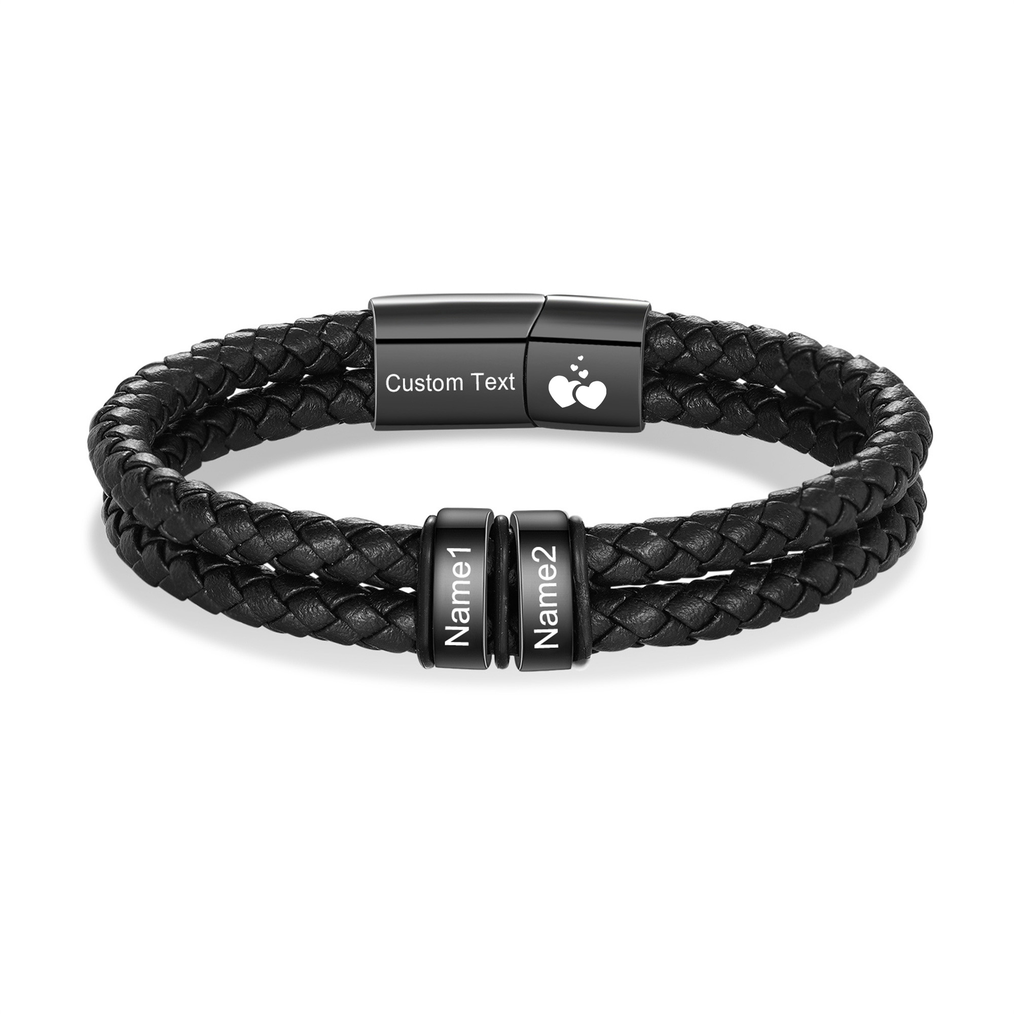 Bracelet en cuir tressé noir Personnalisé avec 2 à 6 Prénoms pour Homme