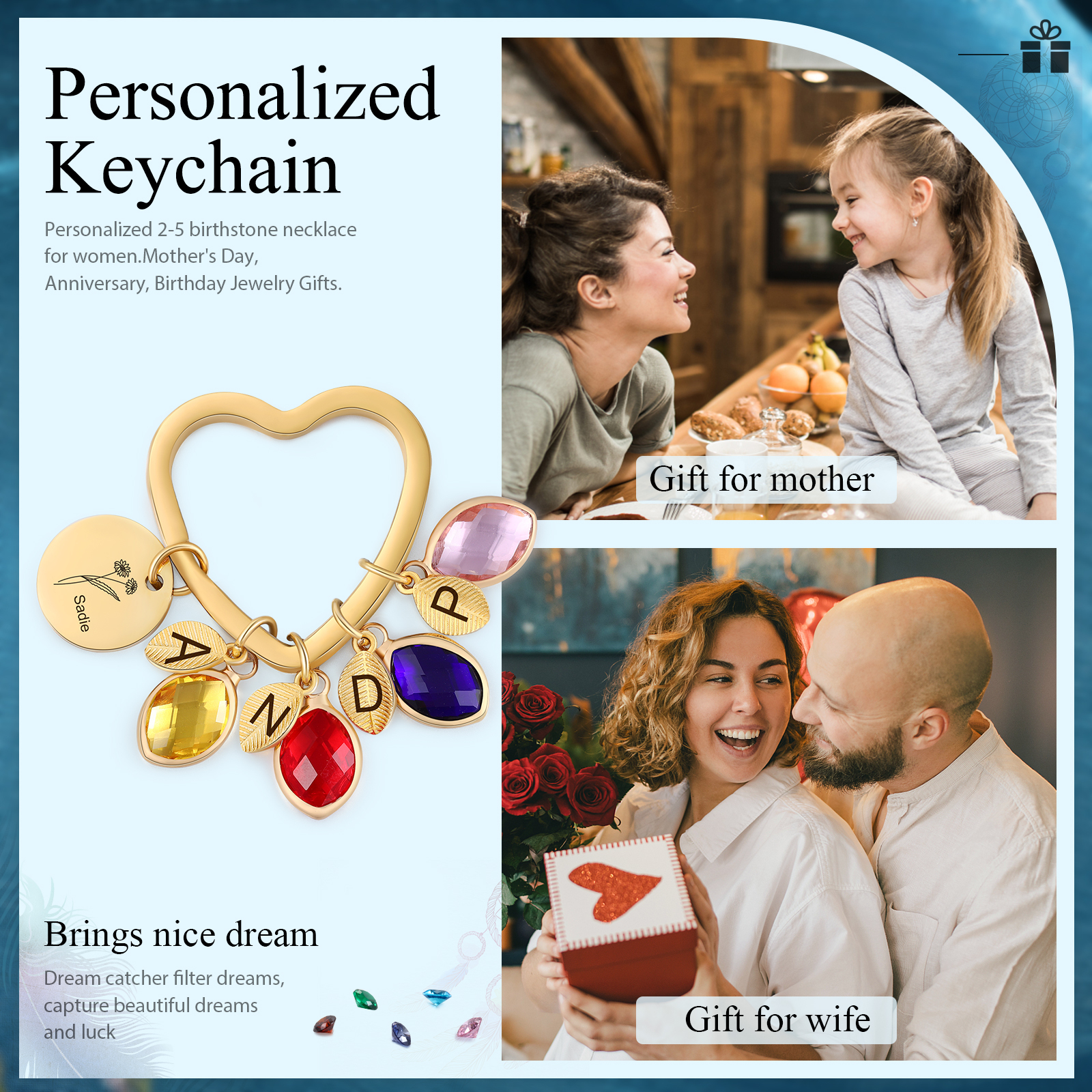 Porte-Clés Fleur de Naissance Feuilles 1 Prénom et 4 Lettres Personnalisés avec 4 Pierres de Naissance