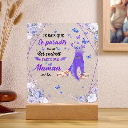 À Maman/Papa - Lampe de chevet LED Commémorative 3 Prénoms Personnalisés avec 1 Texte Lampe de chevet la main dans la main