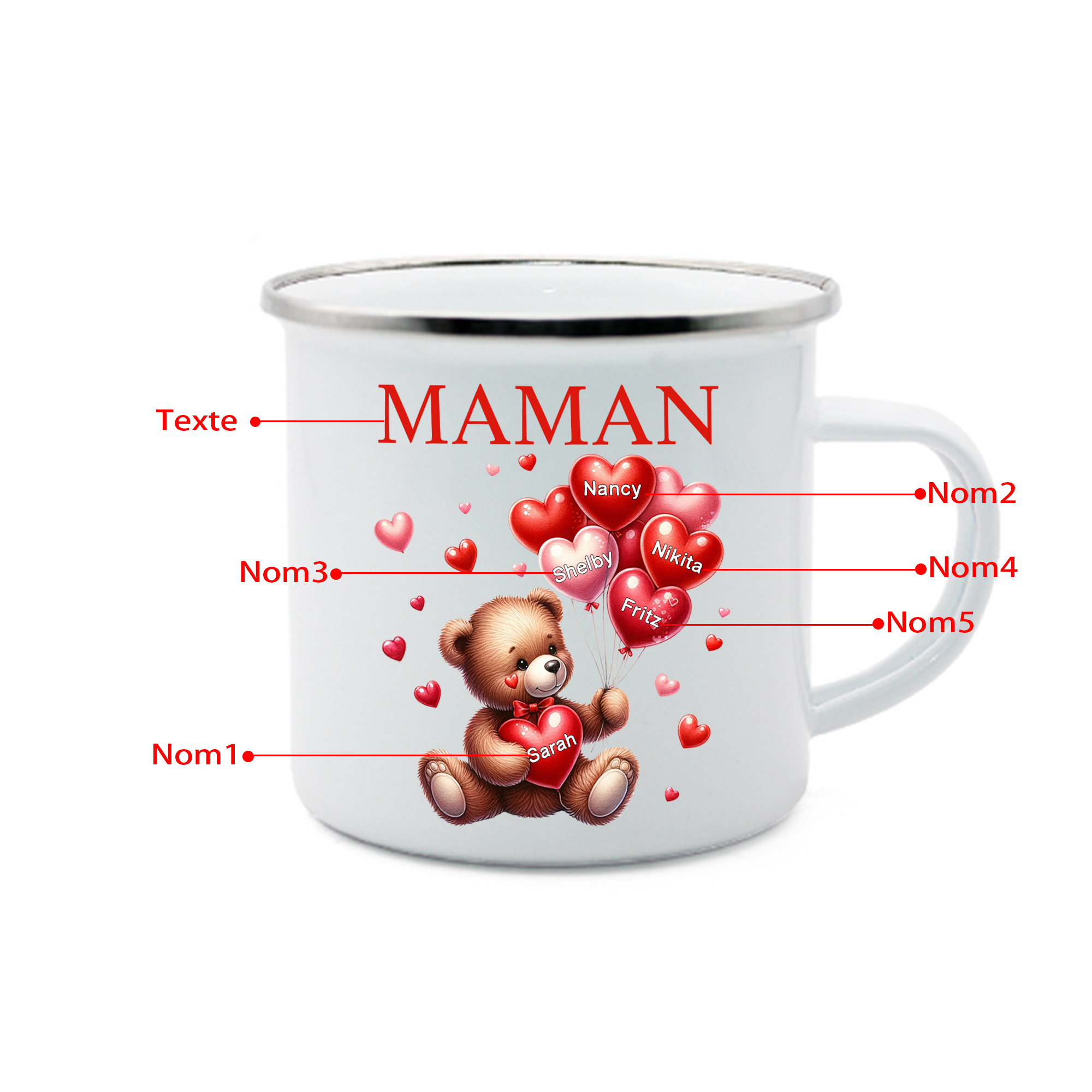 À Maman/Mamie - Tasse émaillée Ours 5 Prénoms Personnalisés