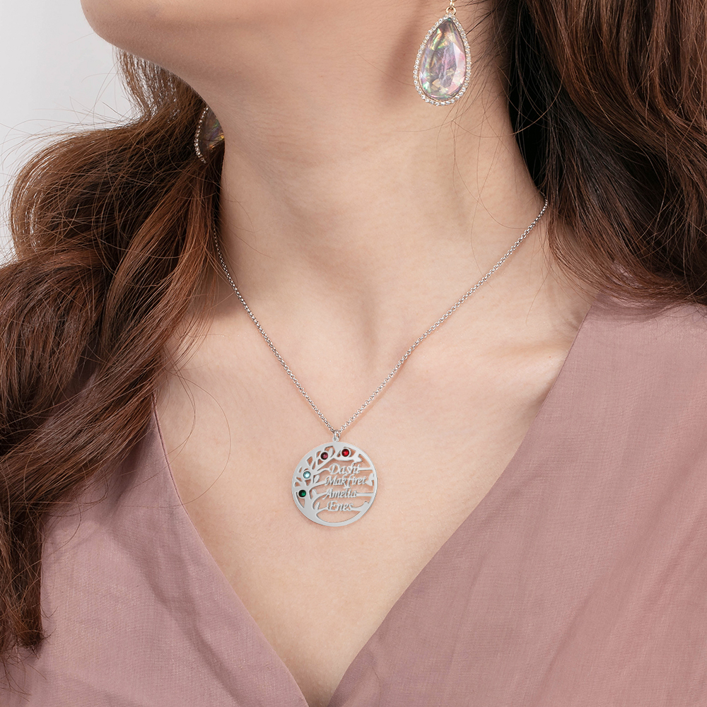 Collier Argent Arbre de vie Arbre généalogique 4 prenoms Avec Pierre De Naissance