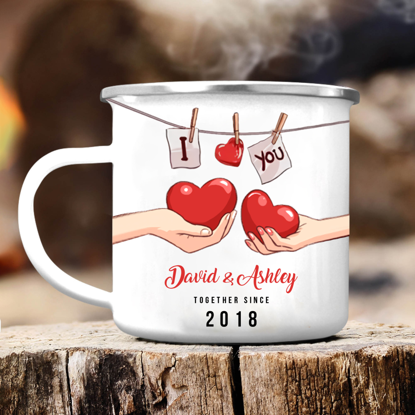Tasse émaillée 2 Prénoms Personnalisés avec Texte et Année pour Couple