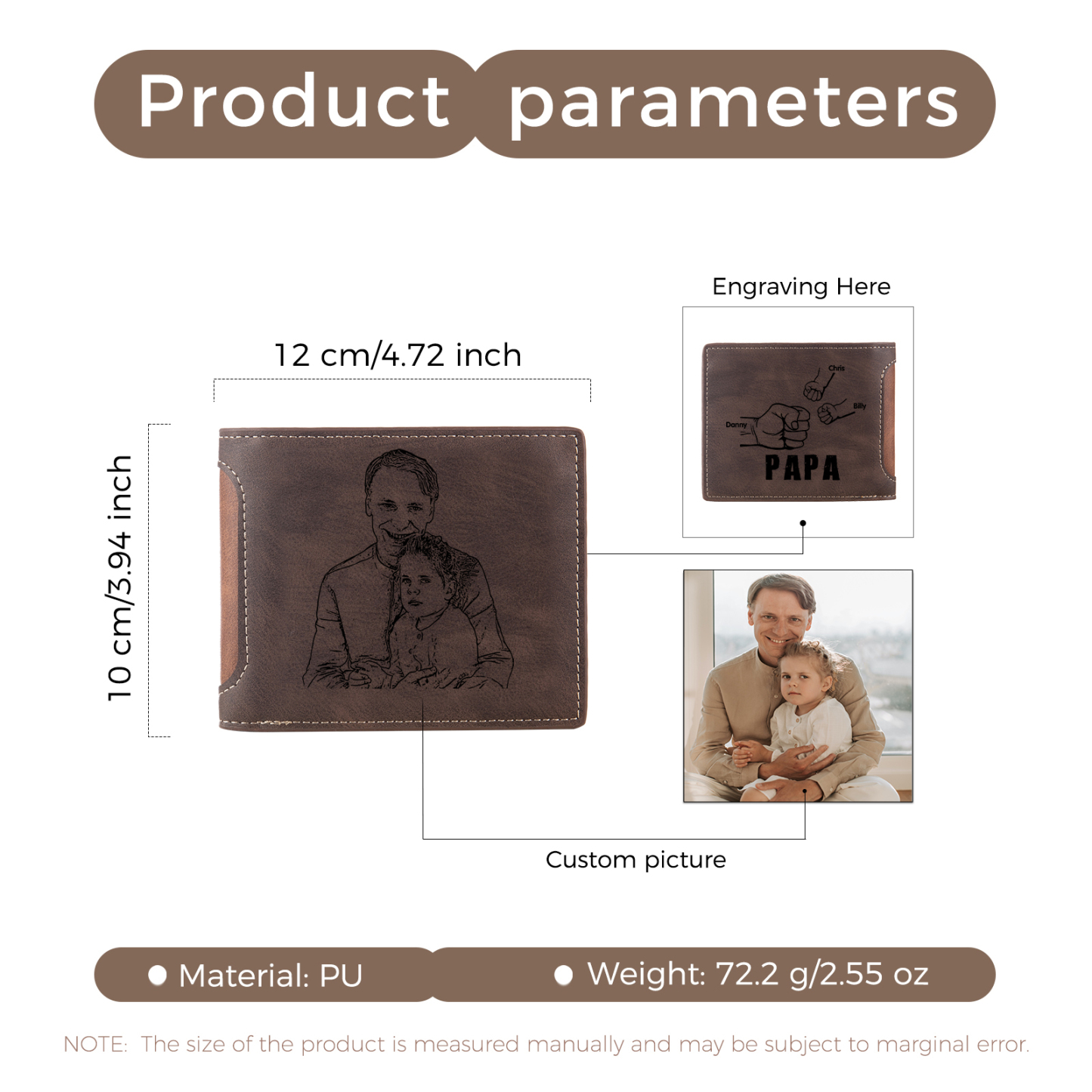 À mon Papa - Portefeuille Poings 3 Prénoms Personnalisés avec Photo Classique Homme Porte-Monnaie Carte