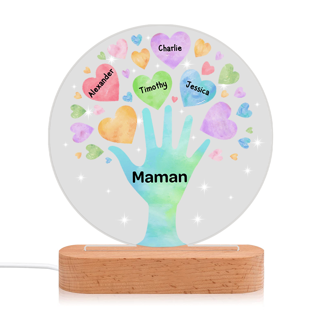 À Maman/Mamie - Lampe de chevet LED Lumières Cœur 4 Prénoms Personnalisés avec 1 Texte pour Famille