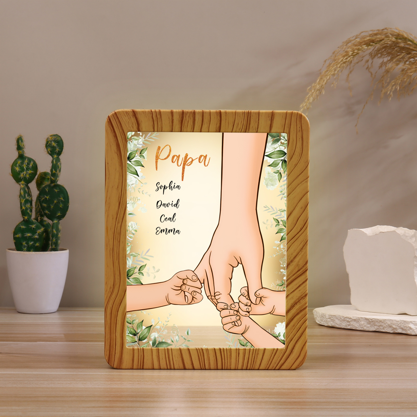 Lampe LED/Cadre Photo/Miroir multifonctionnel la main dans la main 4 Prénoms et 1 Tetxe Personnalisés Cadeau Créatif pour Famille