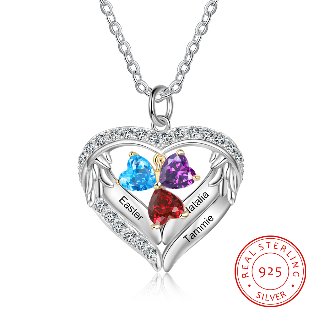 Collier Prénom cœur Argent 925 3 Prénom 3 pierre de naissance
