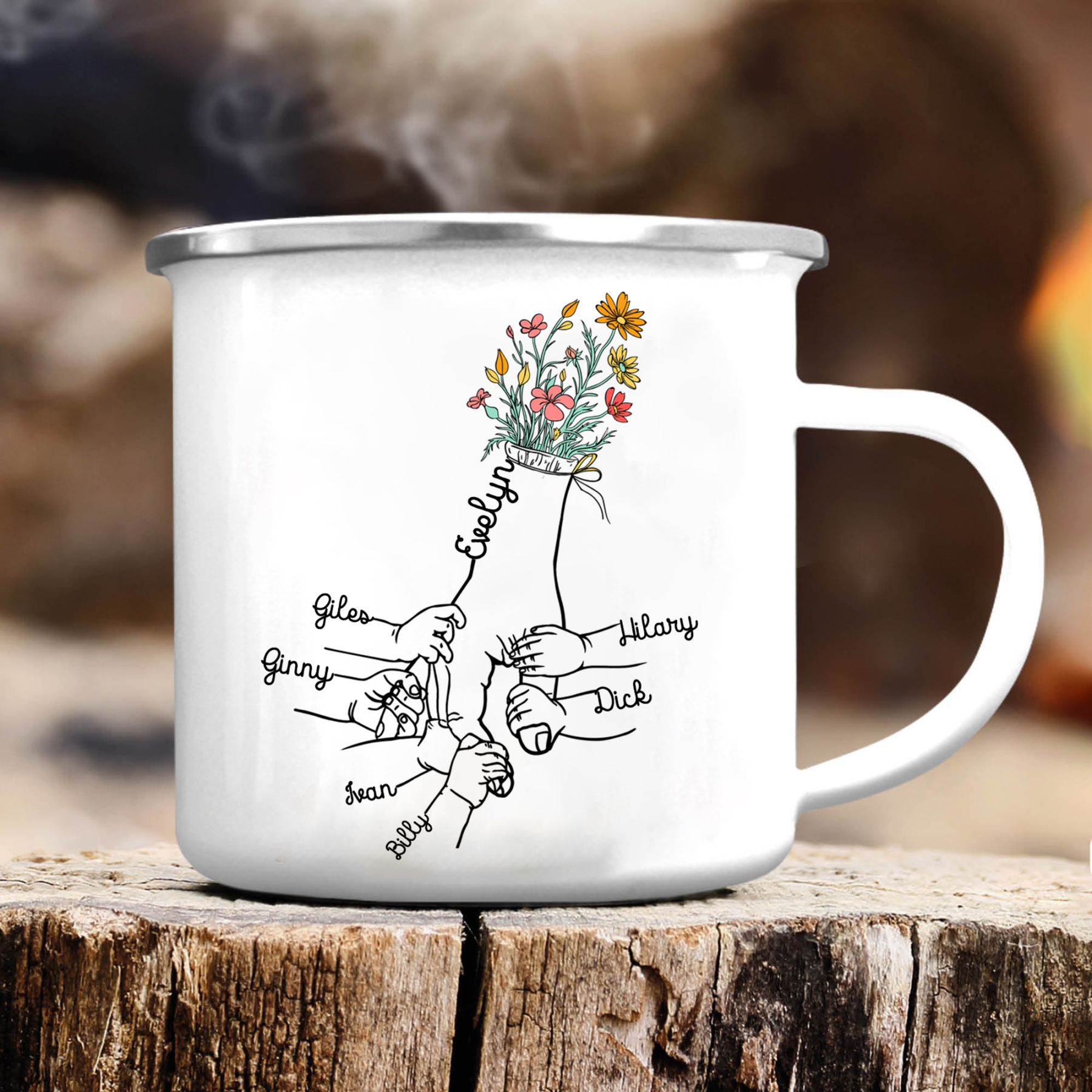 À Maman/Mamie - Tasse émaillée la Main dans la Main 7 Prénoms Personnalisés