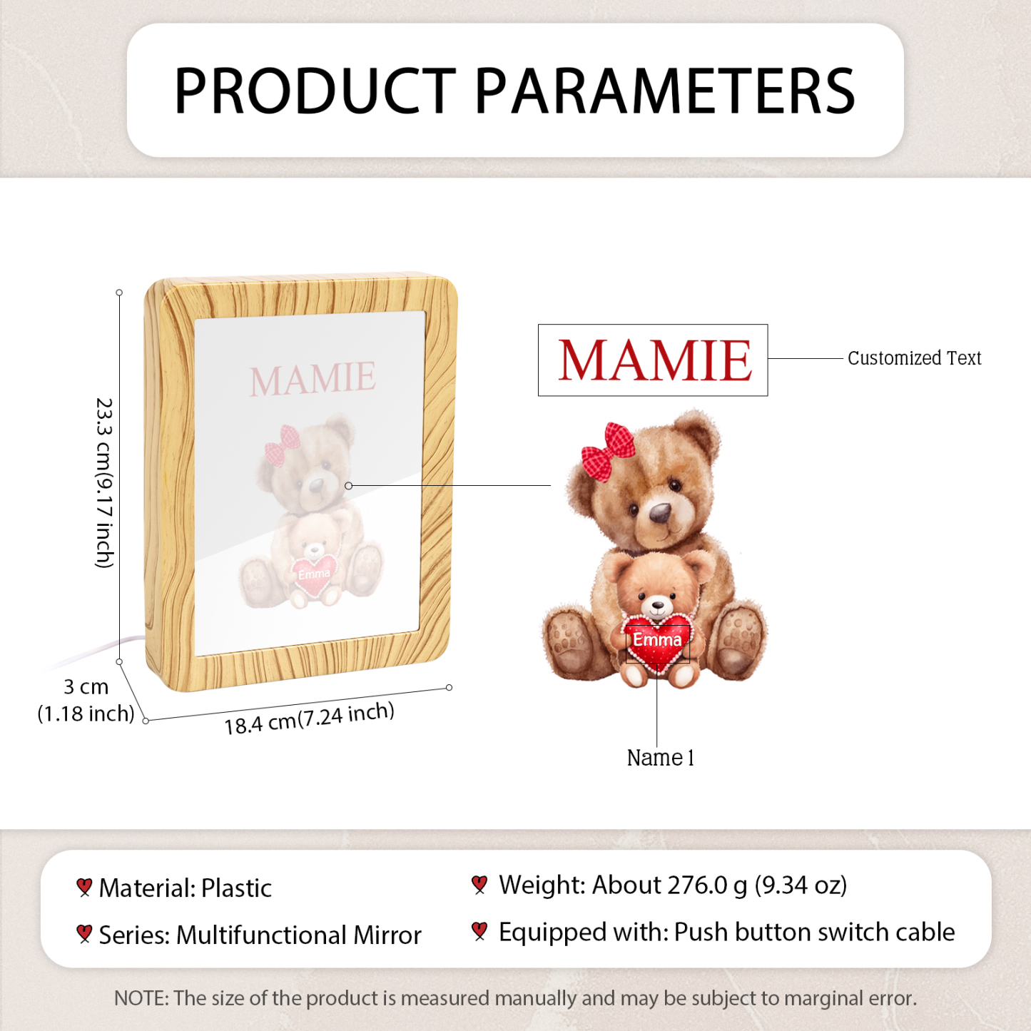 Cadre Photo/Miroir LED Multifonctionnel Ours 1 Prénom Personnalisé avec Texte pour Famille