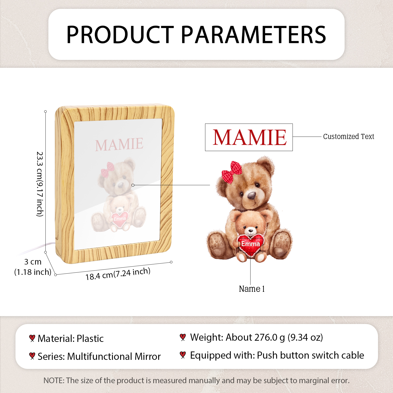 Cadre Photo/Miroir LED Multifonctionnel Ours 1 Prénom Personnalisé avec Texte pour Famille