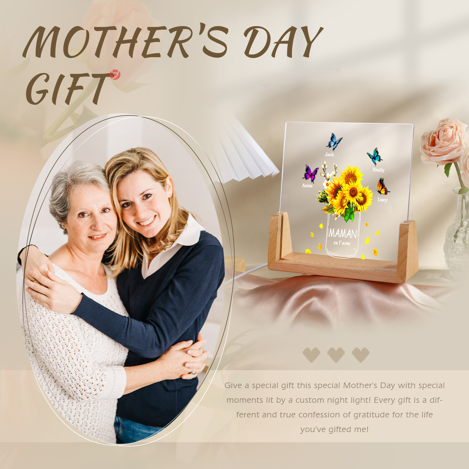 À Maman/Mamie - Lampe de chevet LED Tournesol 4 Prénoms Personnalisés avec 2 Textes pour Famille