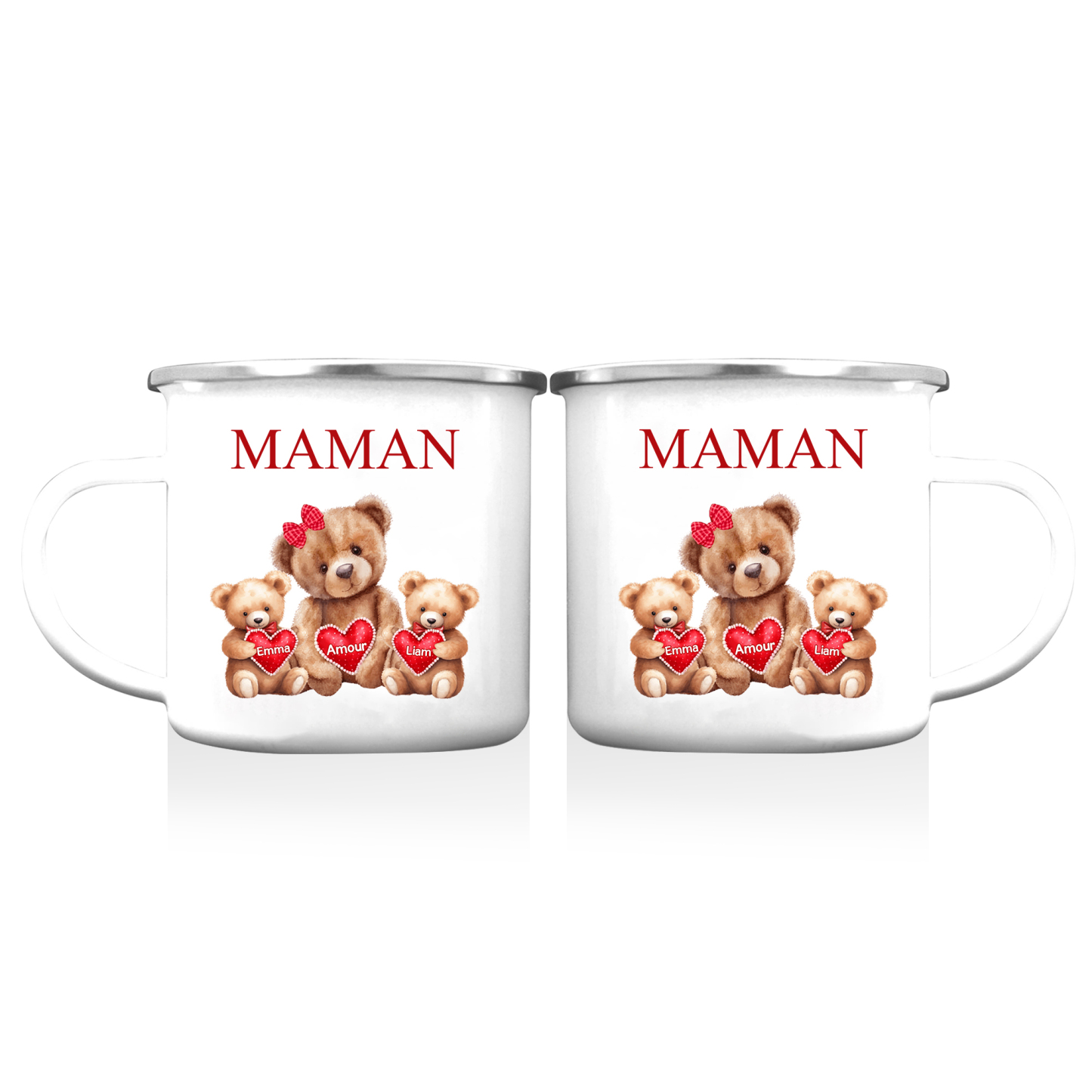 À Maman/Mamie - Tasse émaillée Ours 2 Prénoms Personnalisés