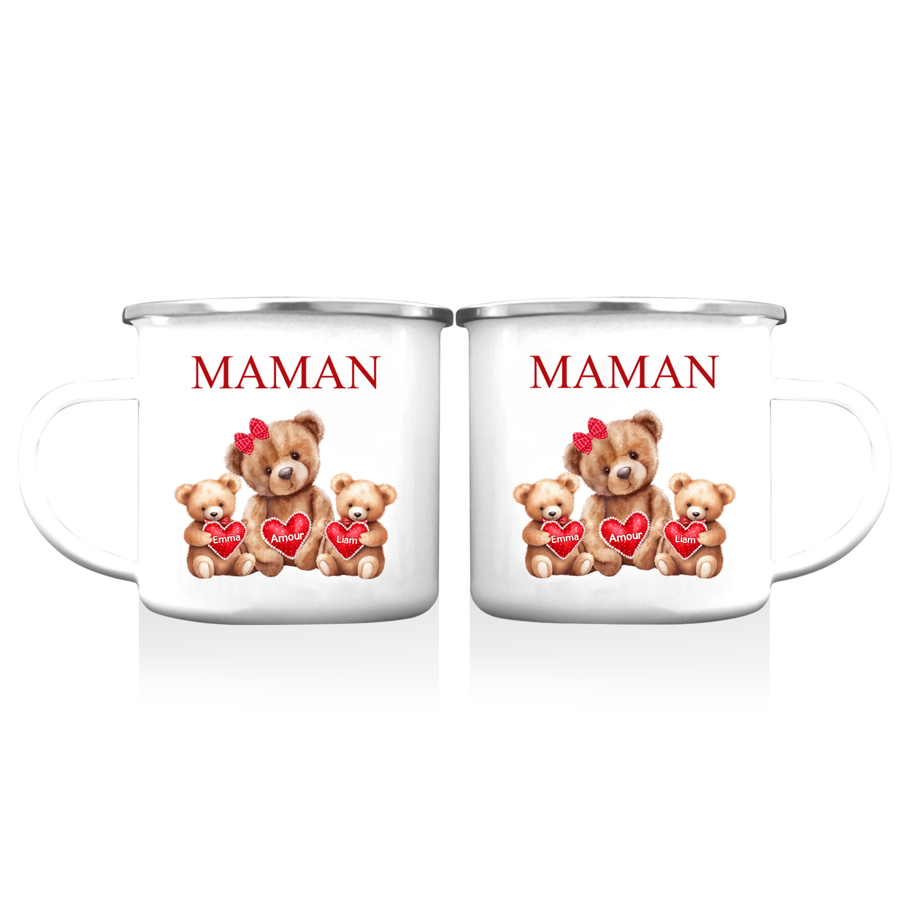 À Maman/Mamie - Tasse émaillée Ours 2 Prénoms Personnalisés