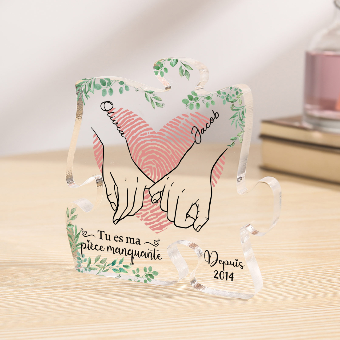 Plaque Acrylique en forme de Puzzle 2 Prénoms Personnalisés avec Année la Main dans la Main pour Couple