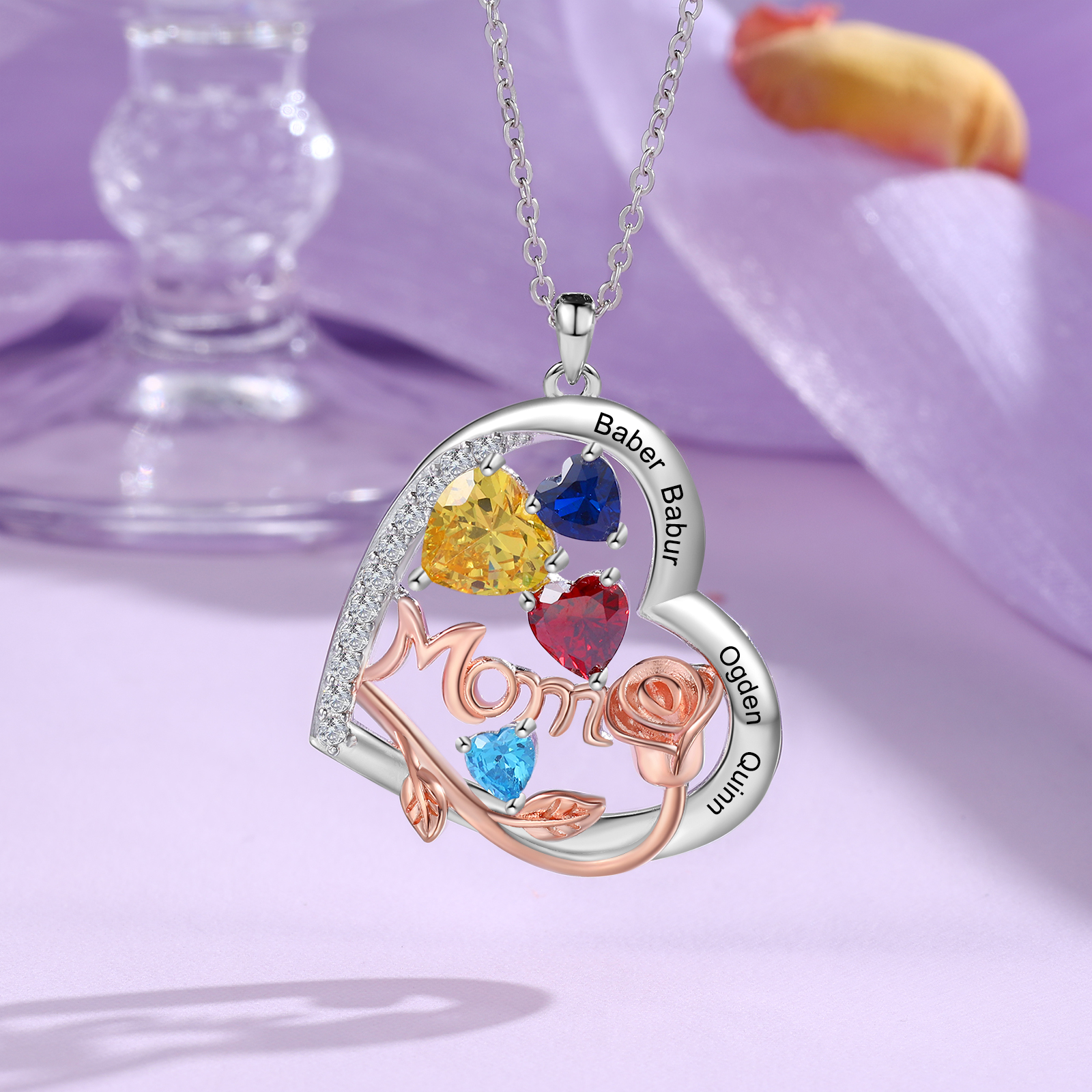 À Maman - Collier Pendentif Cœur et Roses 4 Prénoms Personnalisés avec Pierres de naissance