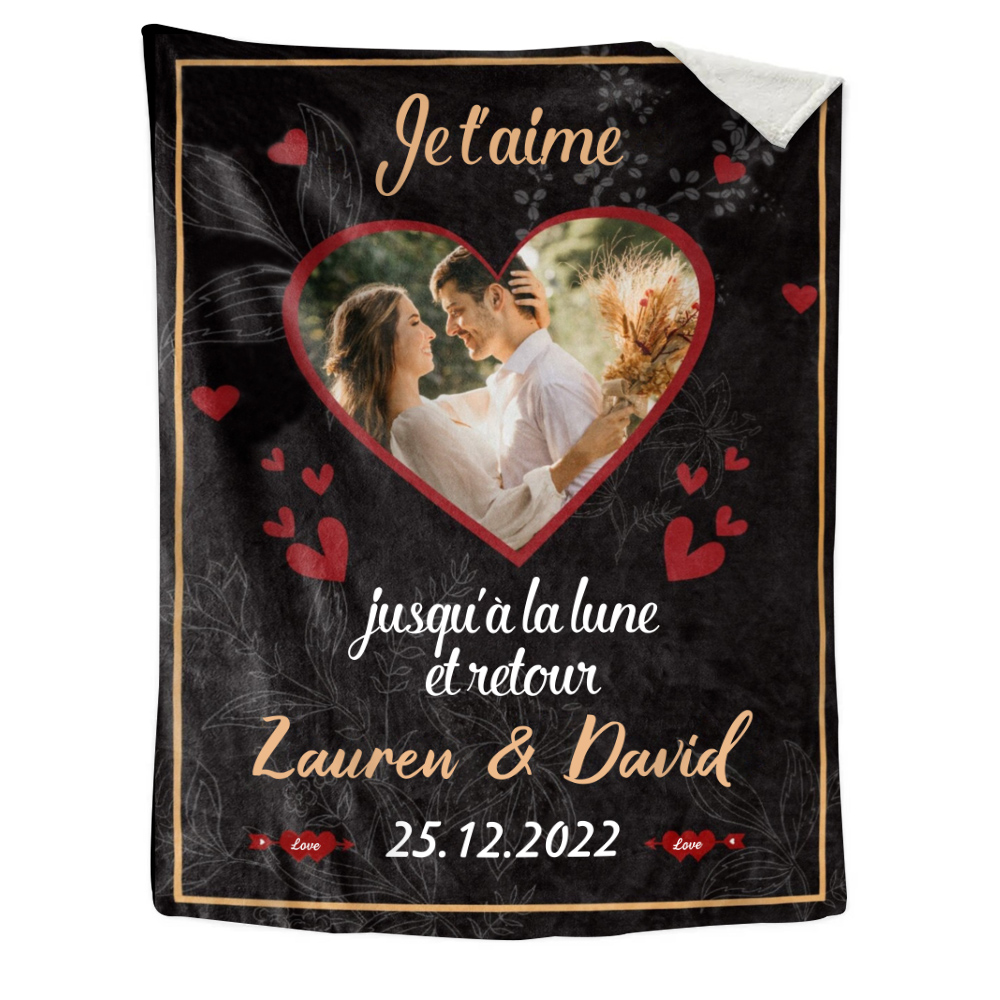 Couverture Plaids Polaire Cœur 2 Prénoms Personnalisés avec Photo et Date pour Couple | Jessemade