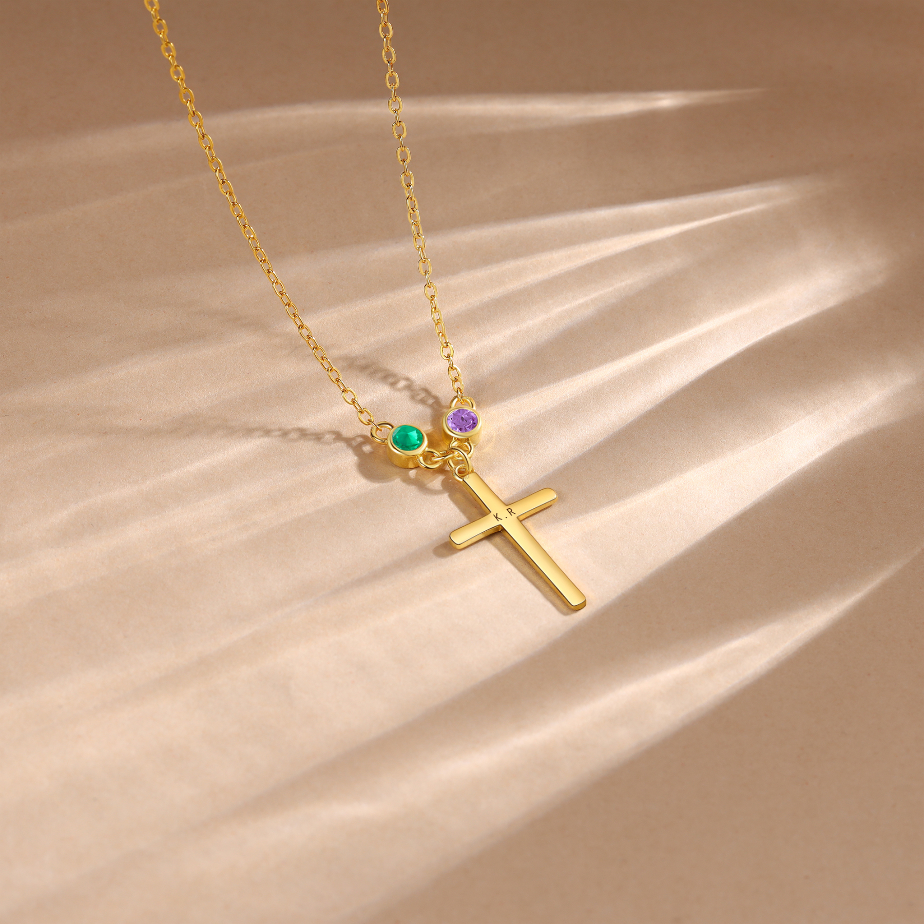 Collier Croix 2 Pierres de Naissance Personnalisés avec Texte Collier pour Femmes