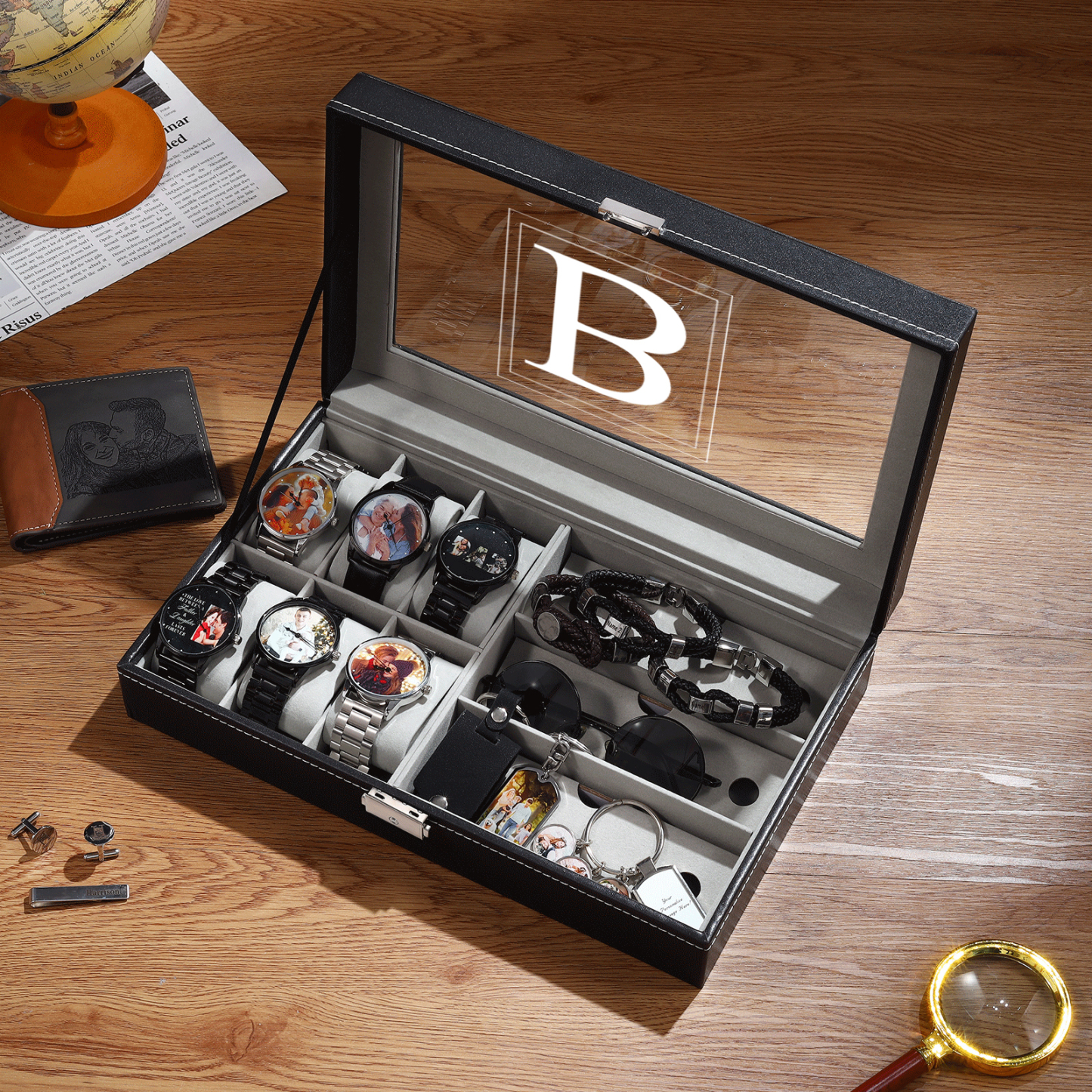 Boîte à Montre et Bijoux 1 Lettre Personnalisée Coffret Cadeau pour Hommes