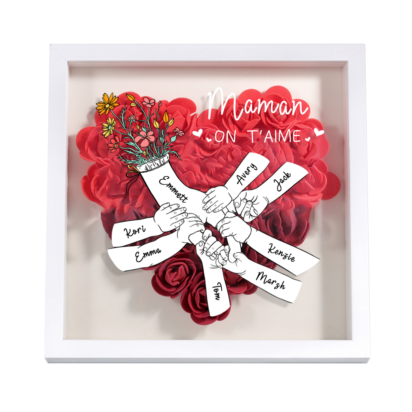 À ma Maman - Cadre Panneau de densité la main dans la main 8 Prénoms et 1 Texte Personnalisés Ornements Floral pour Famille