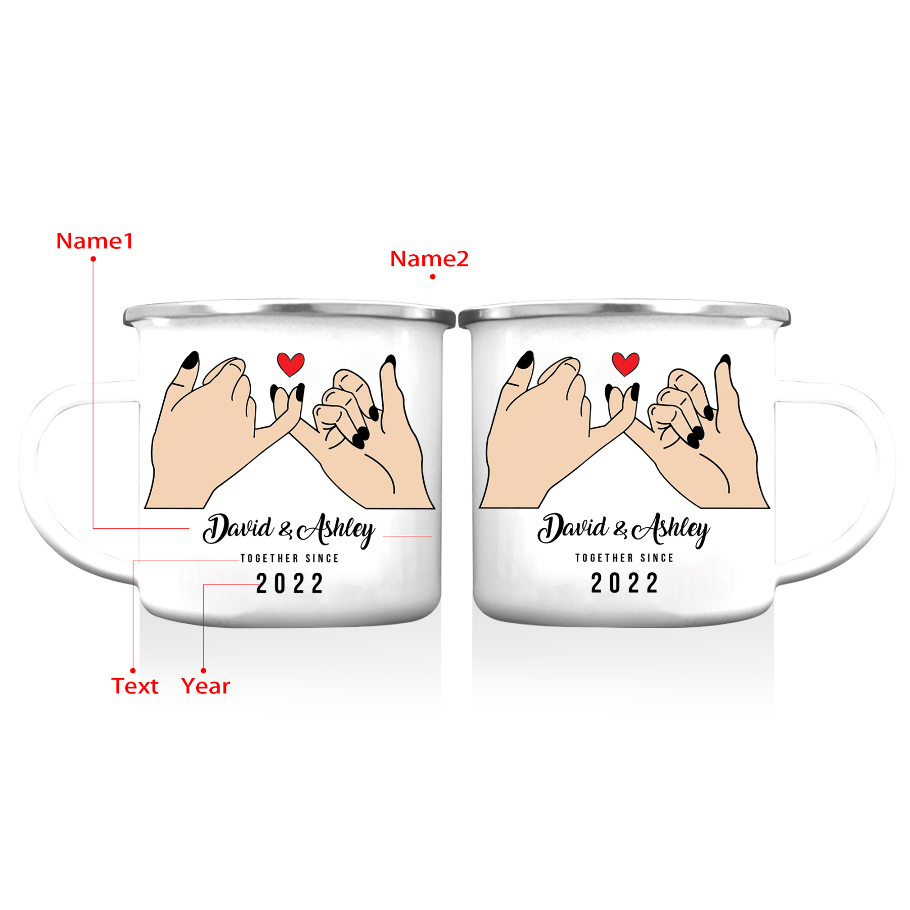 Tasse émaillée 2 Prénoms Personnalisés avec Texte et Année pour Couple promesse du petit doigt