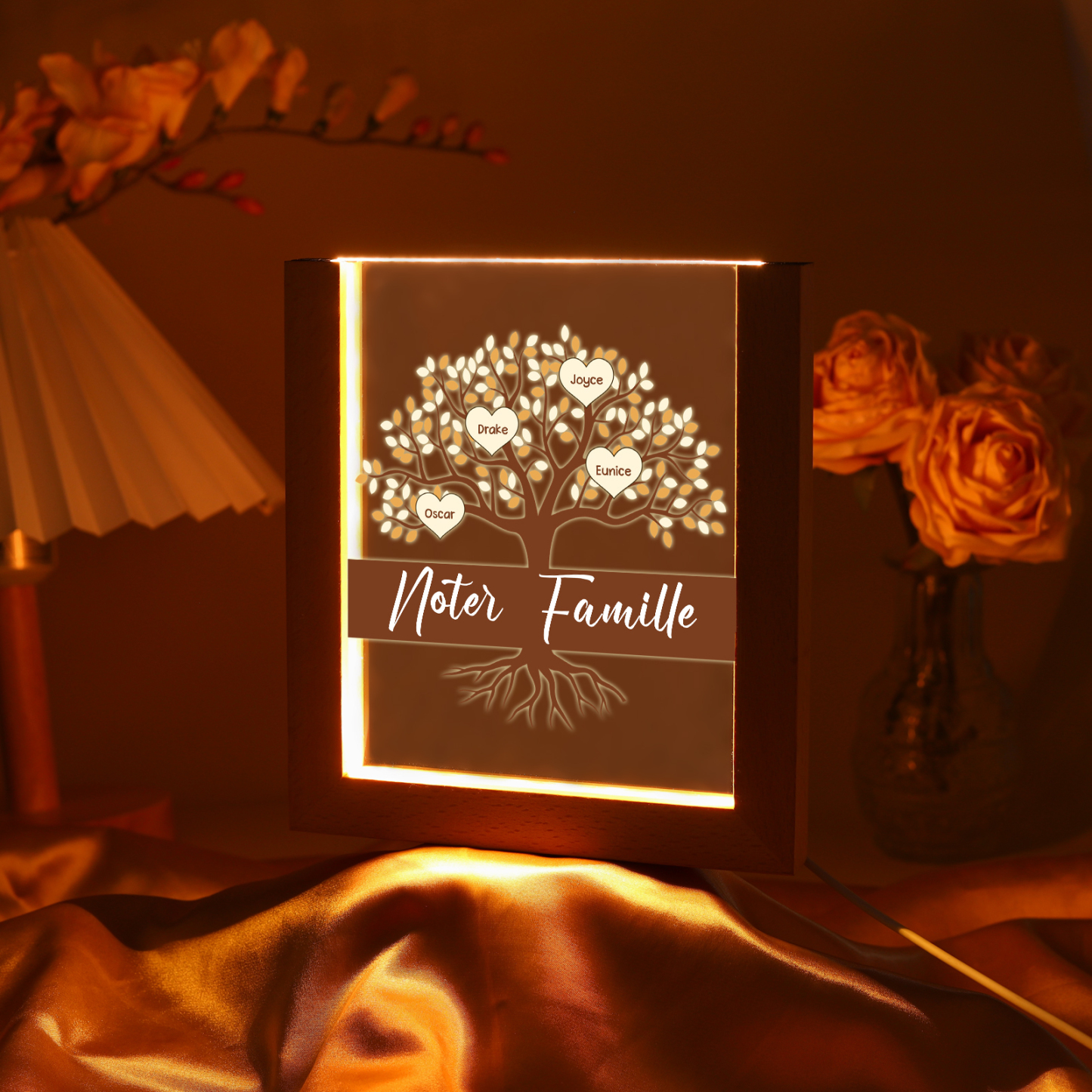 À Maman/Mamie - Lampe de chevet LED Arbre 4 Prénoms Personnalisés avec 1 Texte