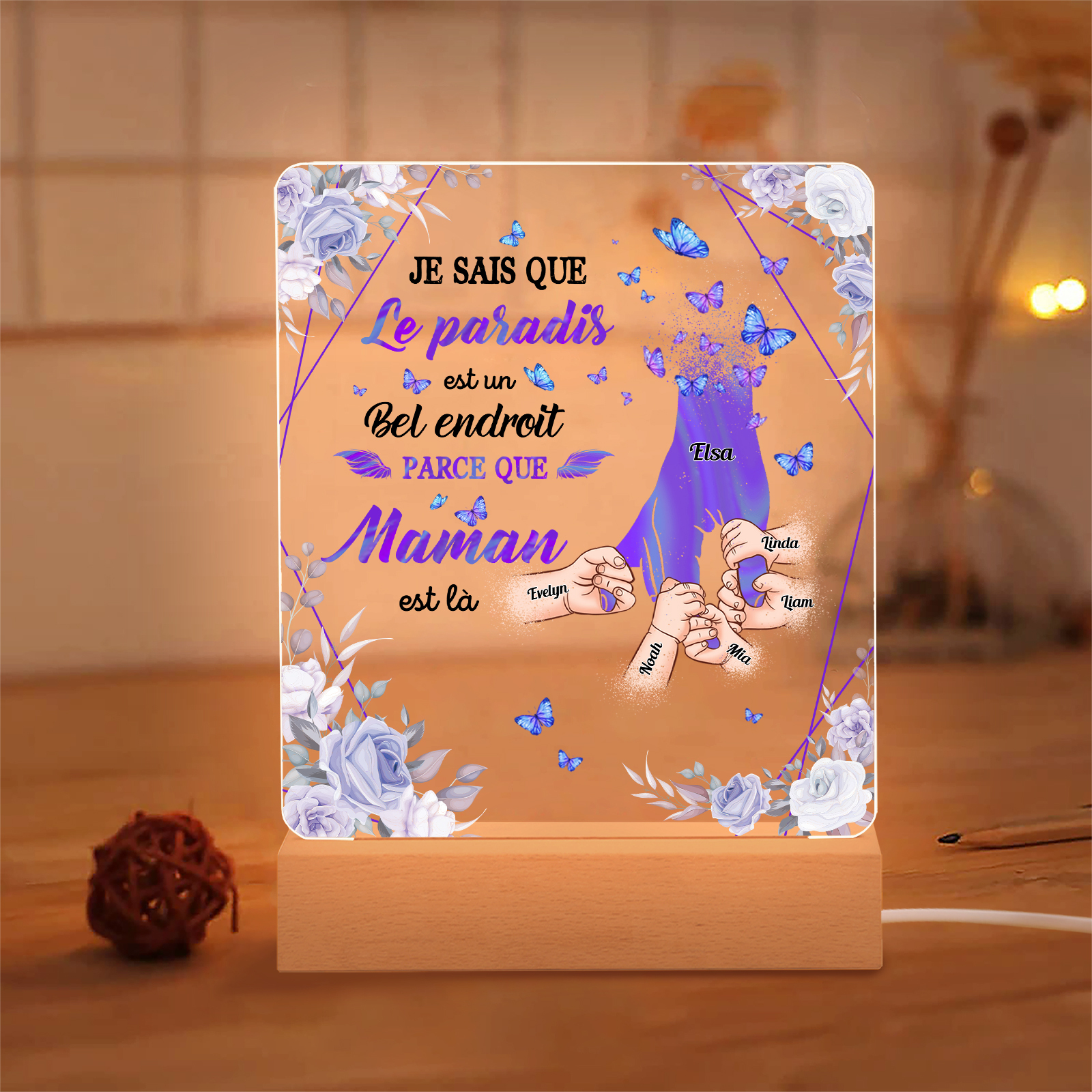 À Maman/Papa - Lampe de chevet LED Commémorative 6 Prénoms Personnalisés avec 1 Texte Lampe de chevet la main dans la main