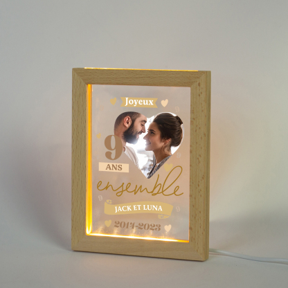 Cadre Photo LED Couple 2 Prénoms et 1 Photo Personnalisés avec Date et Nombre Cadeau Saint-Valentin