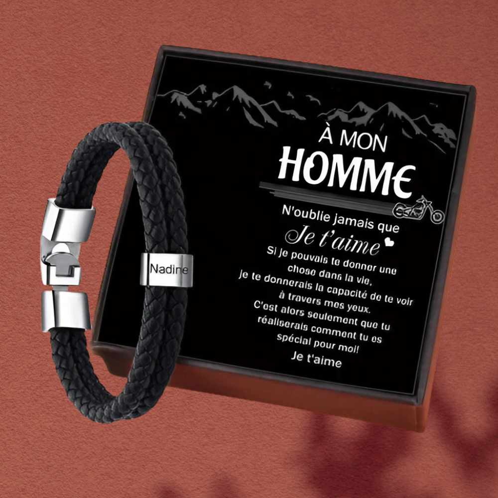 À mon homme - Bracelet en cuir tressé à perle personnalisé pour petit-ami / mari avec prénom gravé