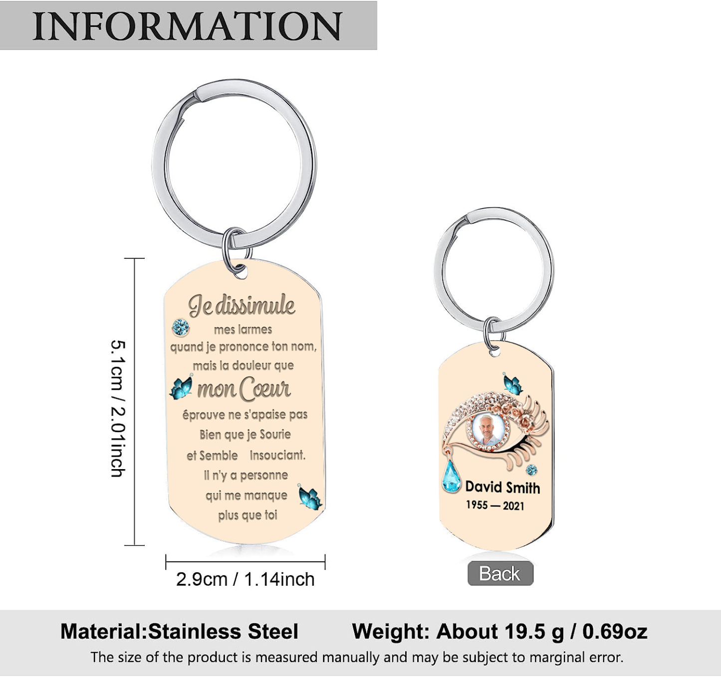 Porte-Clés Commémoratif 1 Prénom et Photo Personnalisés avec Date