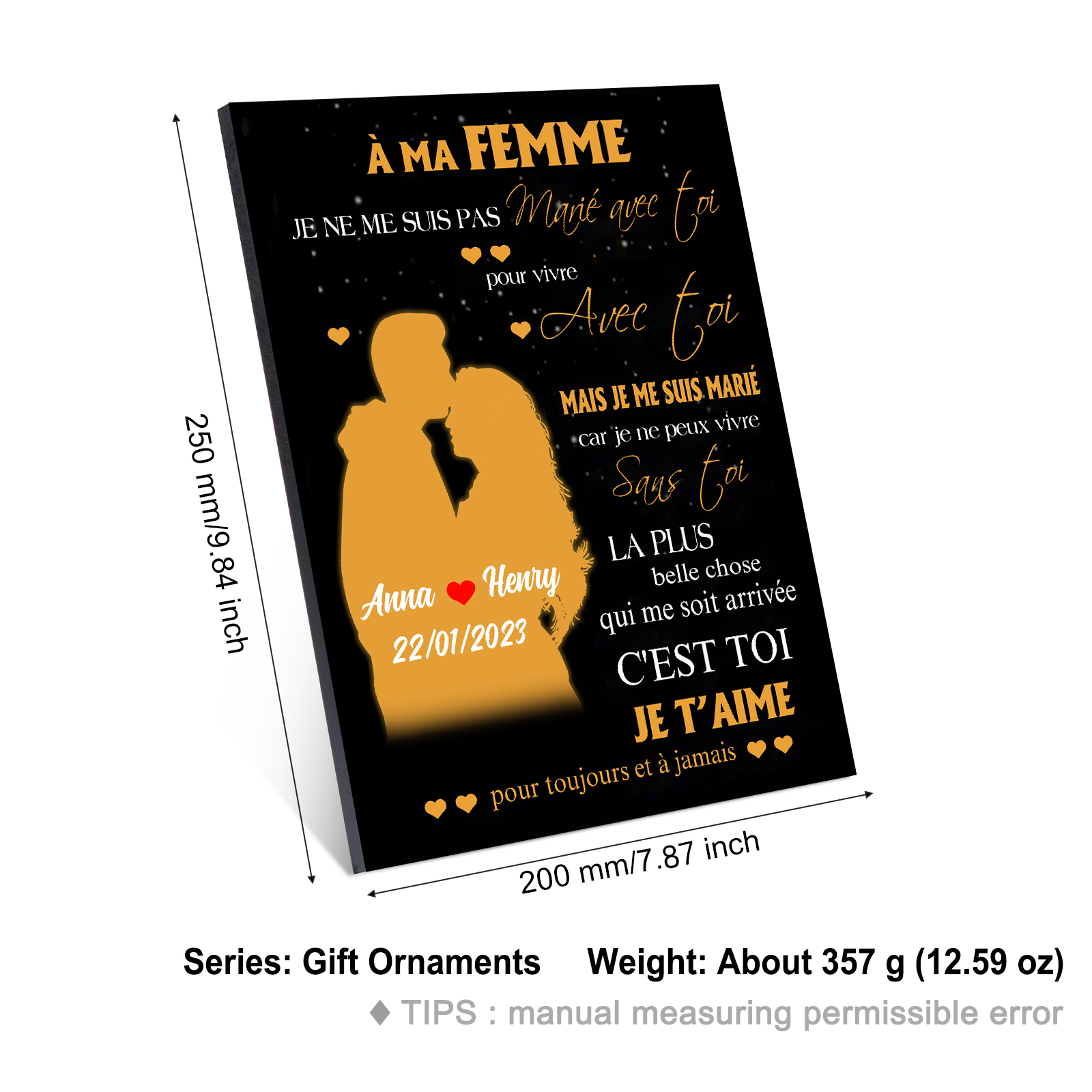 Cadre en Bois 2 Prénoms Personnalisés avec Date pour Couple Cadeau Saint Valentin