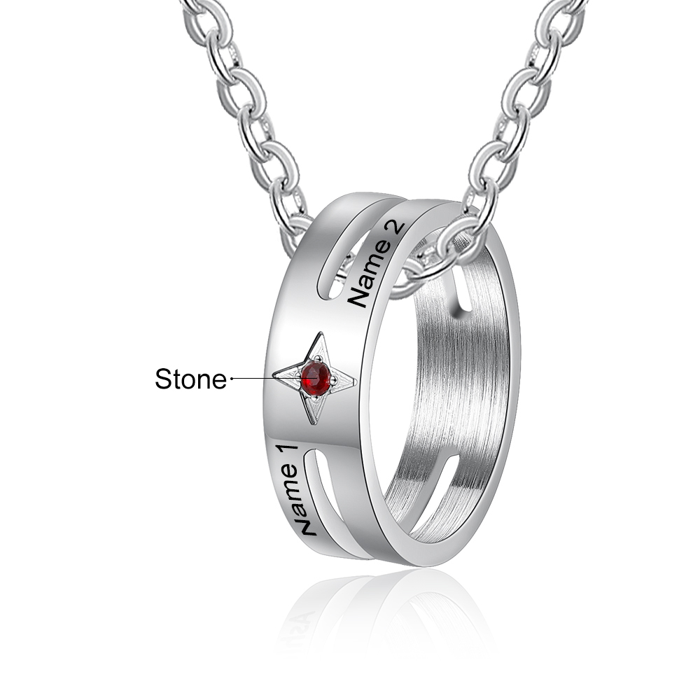 Collier Pendentif Bague 2 Prénoms Personnalisés avec 1 pierre de naissance pour Femmes