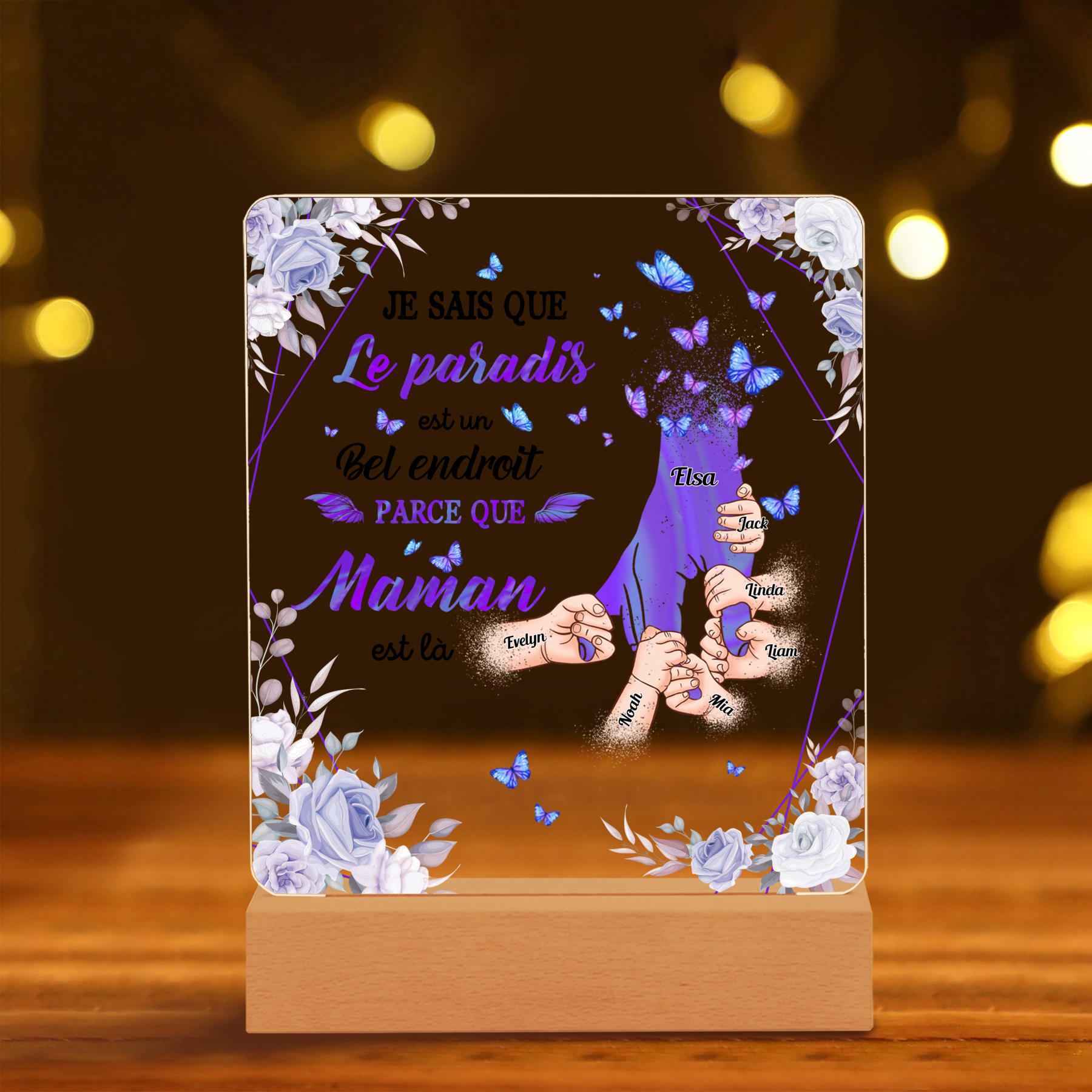 À Maman/Papa - Lampe de chevet LED Commémorative 7 Prénoms Personnalisés avec 1 Texte Lampe de chevet la main dans la main