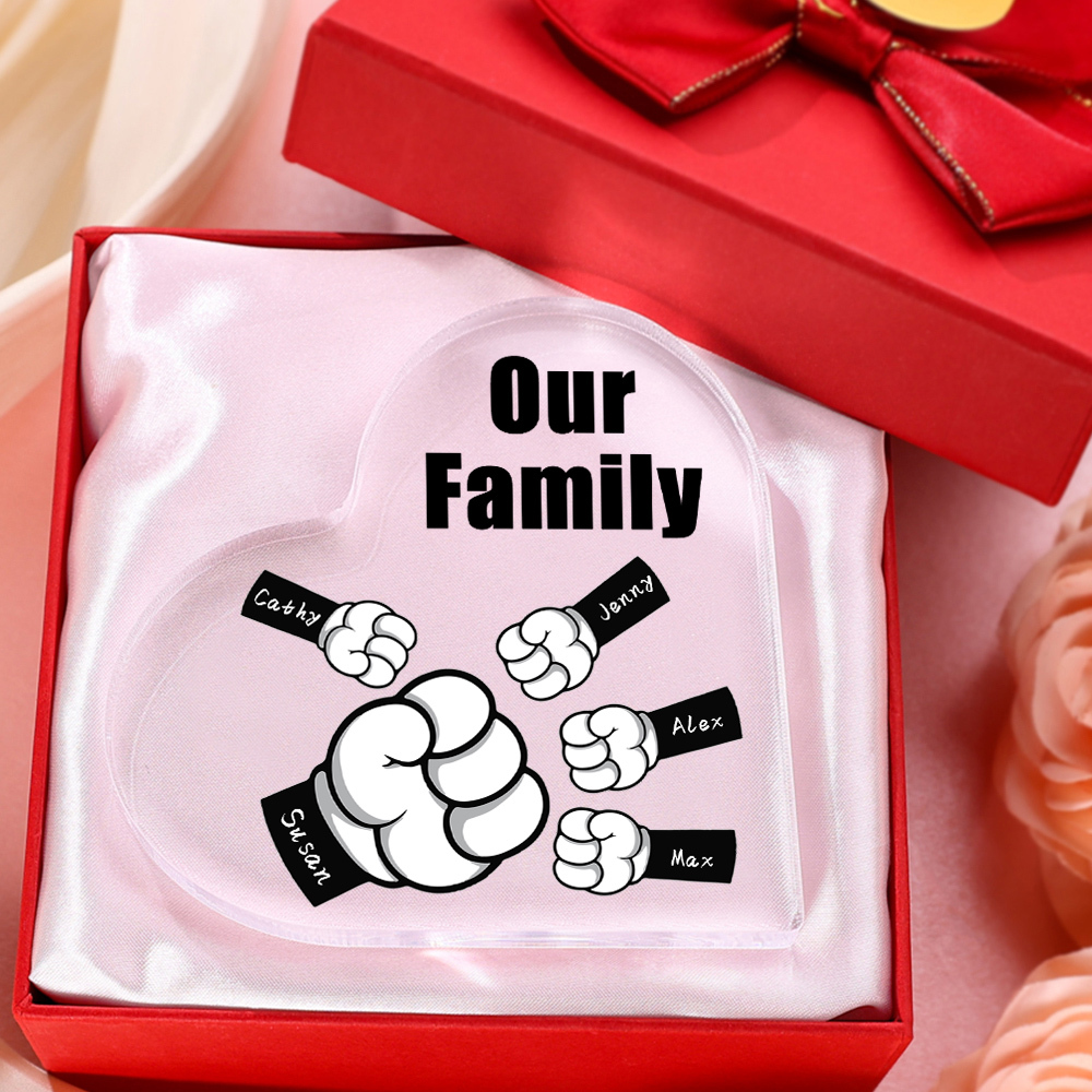 À mon Papa/Maman - Plaque Acrylique en Forme de Cœur Poings 5 Prénoms Personnalisés avec 1 Texte