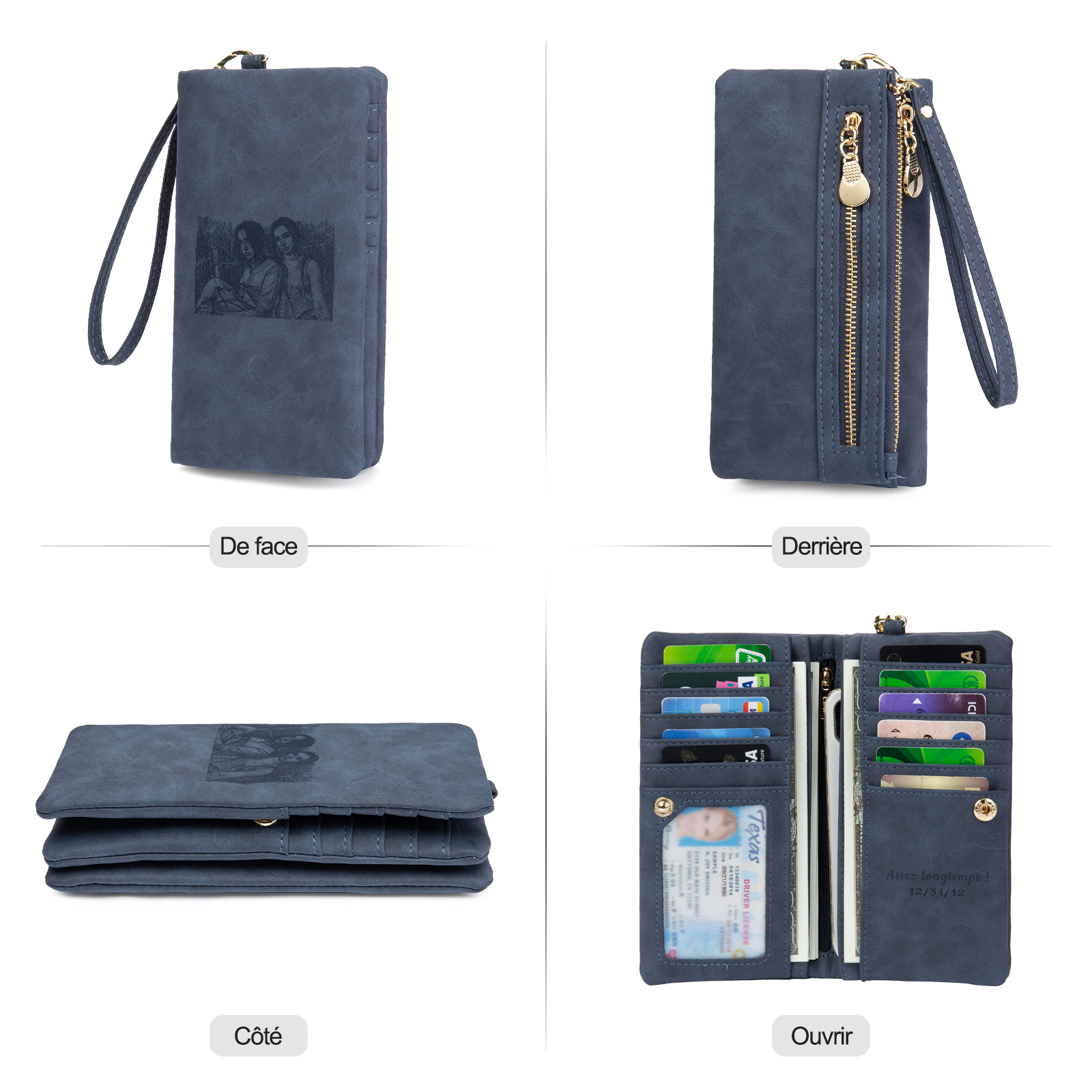 Portefeuille long en cuir PU personnalisé 1 photos avec texte et date