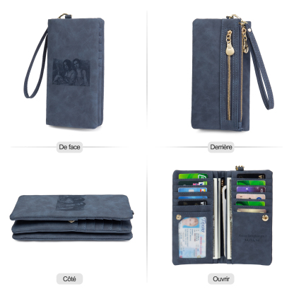 Portefeuille long en cuir PU personnalisé 1 photos avec texte et date